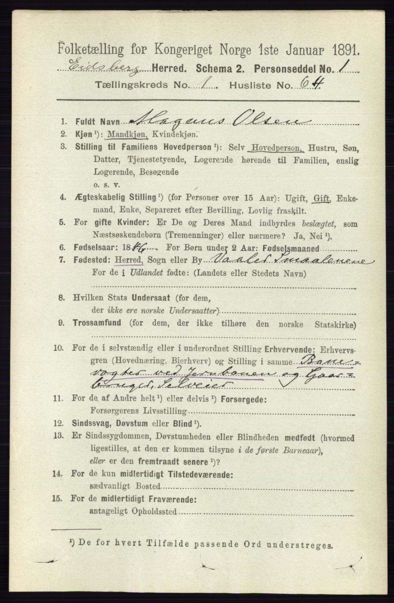 RA, 1891 census for 0125 Eidsberg, 1891, p. 534