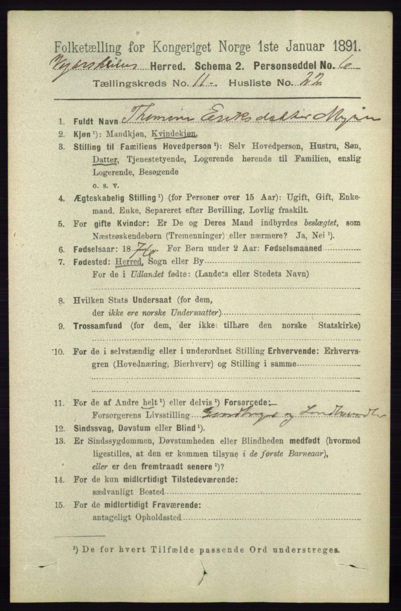 RA, 1891 census for 0912 Vegårshei, 1891, p. 2360