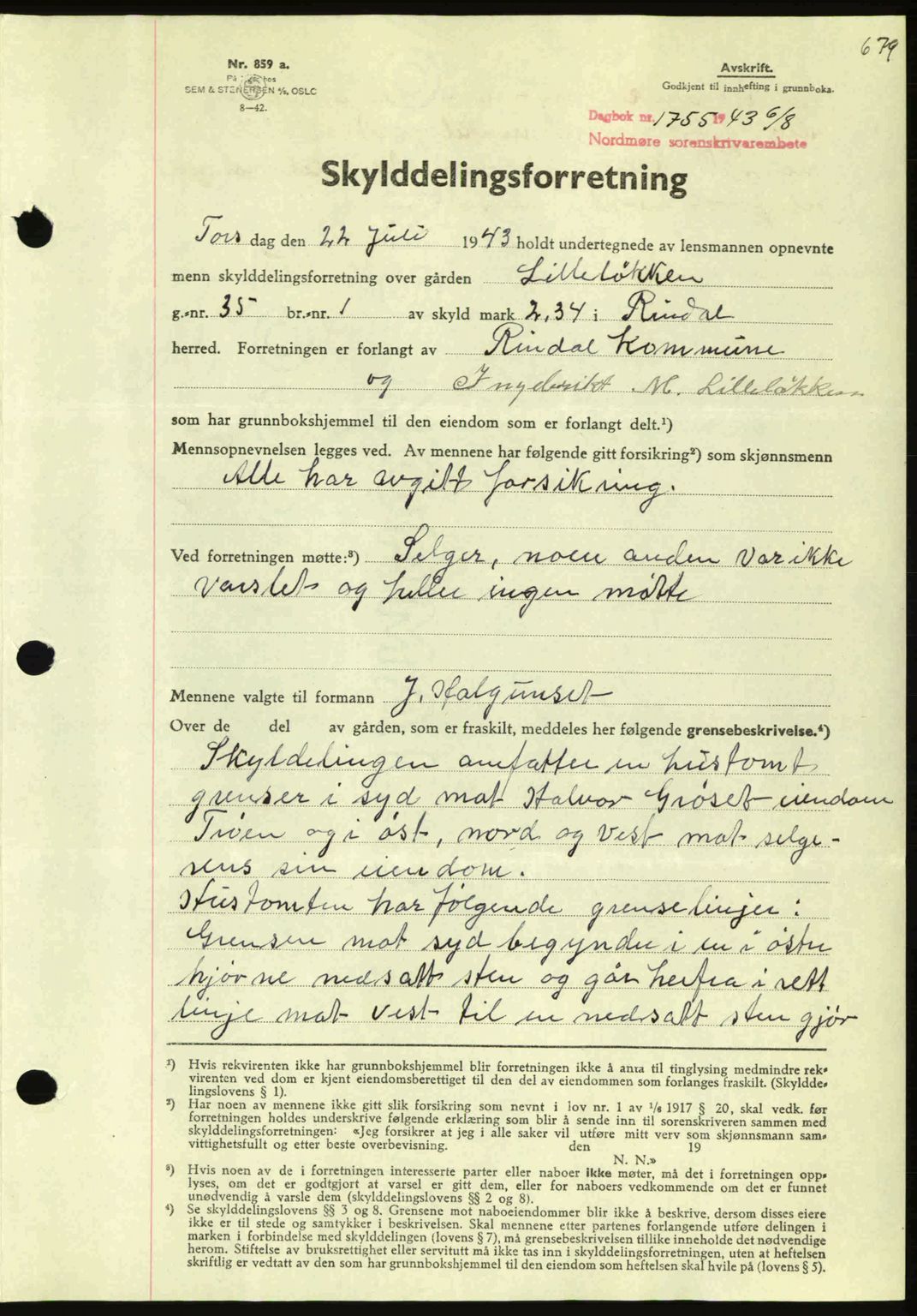 Nordmøre sorenskriveri, AV/SAT-A-4132/1/2/2Ca: Mortgage book no. A95, 1943-1943, Diary no: : 1755/1943