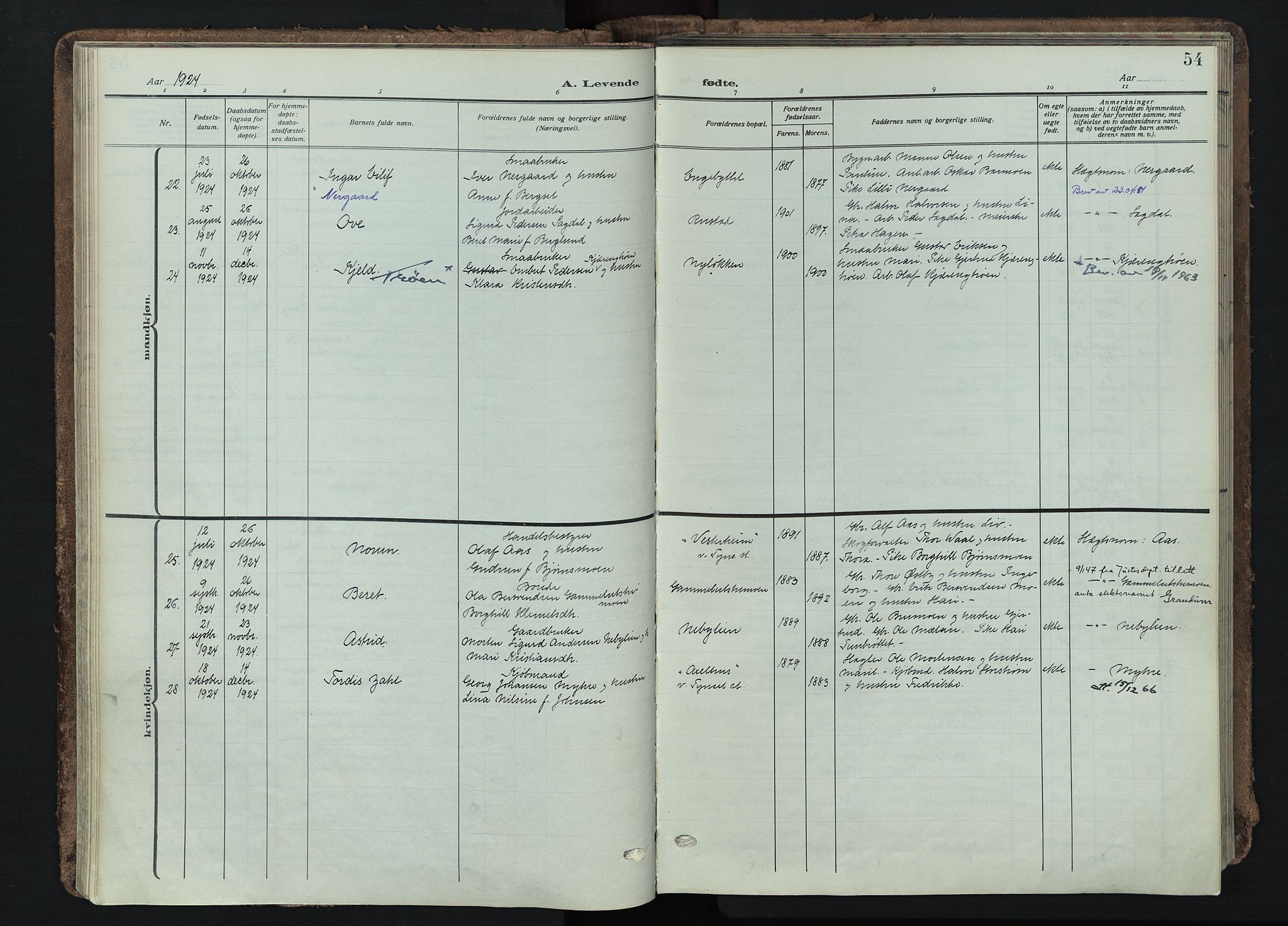 Tynset prestekontor, SAH/PREST-058/H/Ha/Haa/L0026: Parish register (official) no. 26, 1915-1929, p. 54