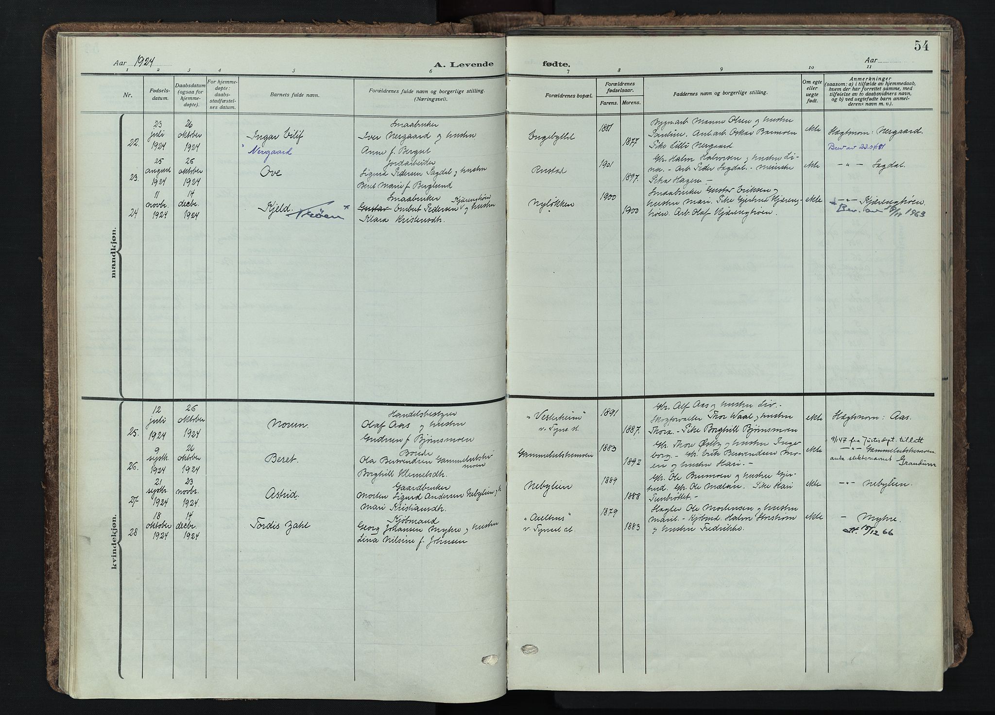 Tynset prestekontor, AV/SAH-PREST-058/H/Ha/Haa/L0026: Parish register (official) no. 26, 1915-1929, p. 54