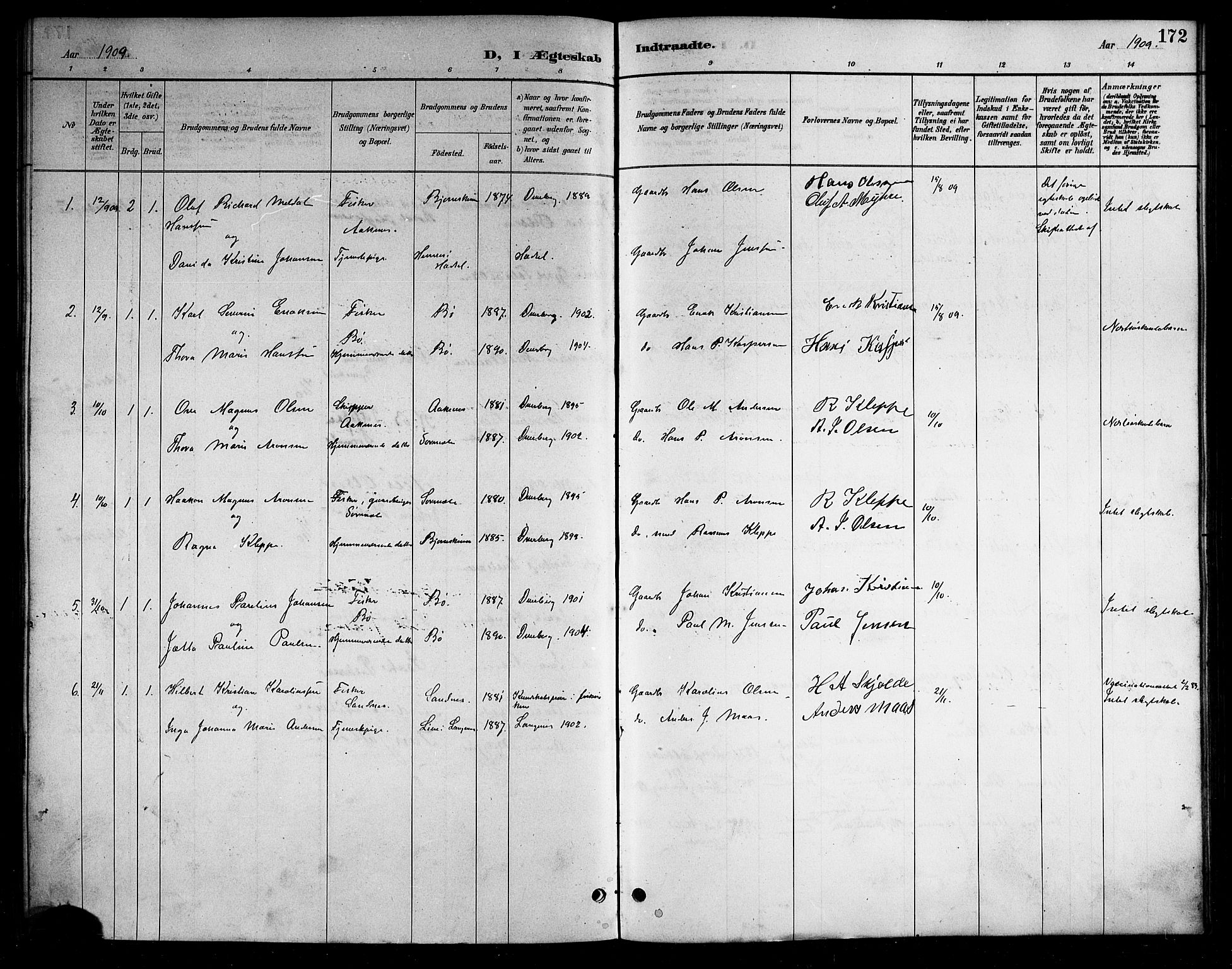 Ministerialprotokoller, klokkerbøker og fødselsregistre - Nordland, AV/SAT-A-1459/898/L1427: Parish register (copy) no. 898C02, 1887-1917, p. 172