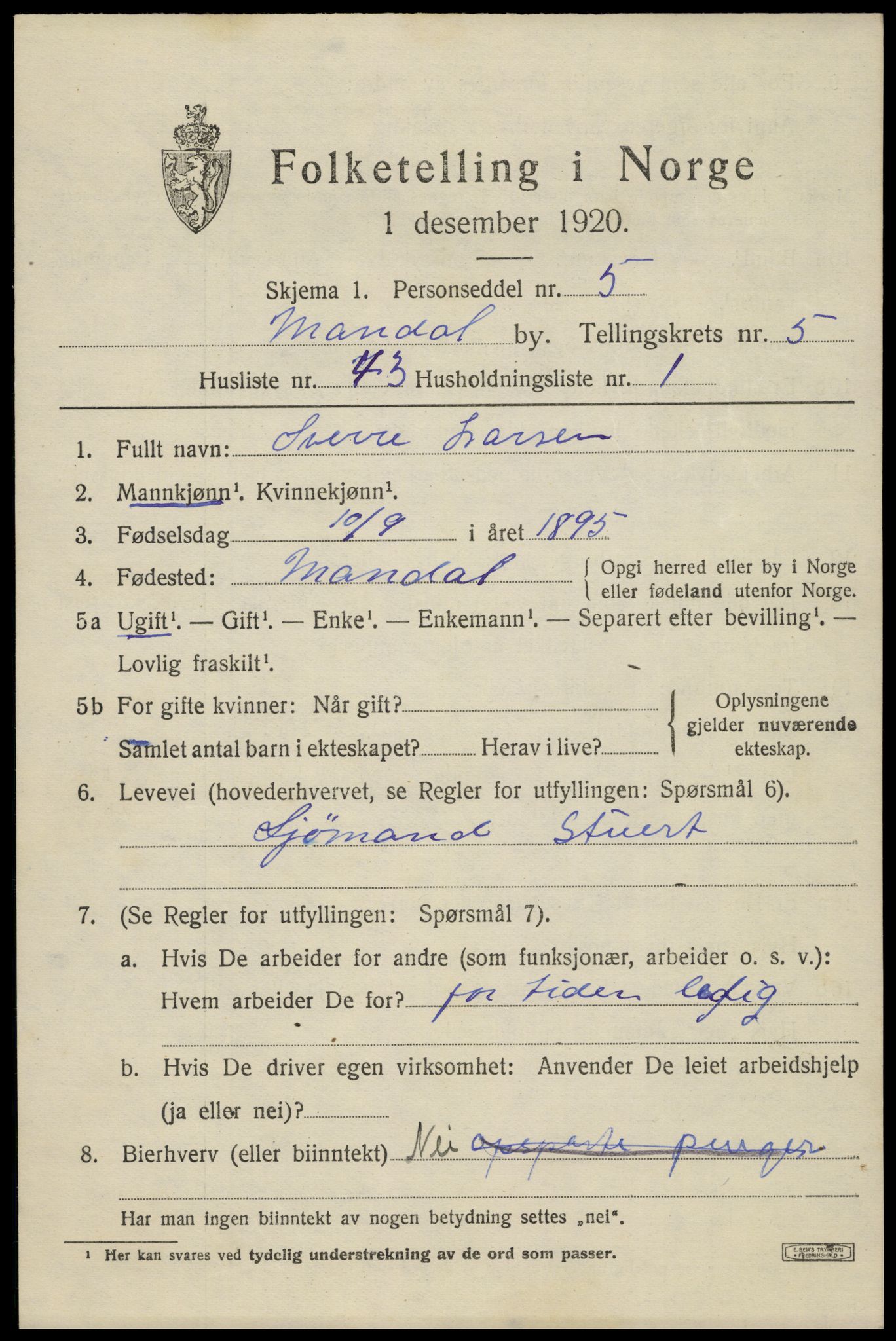 SAK, 1920 census for Mandal, 1920, p. 8581