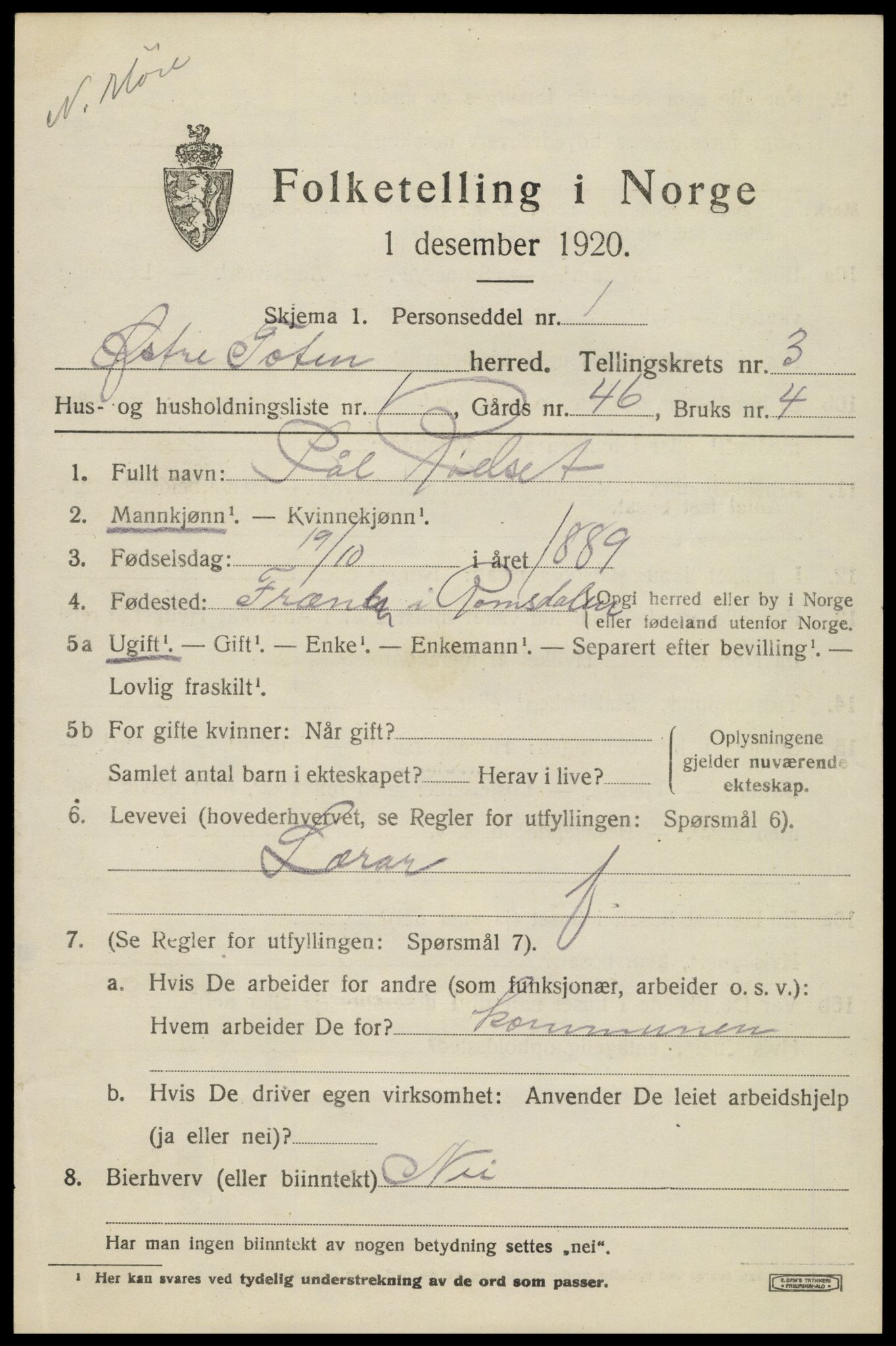 SAH, 1920 census for Østre Toten, 1920, p. 6104