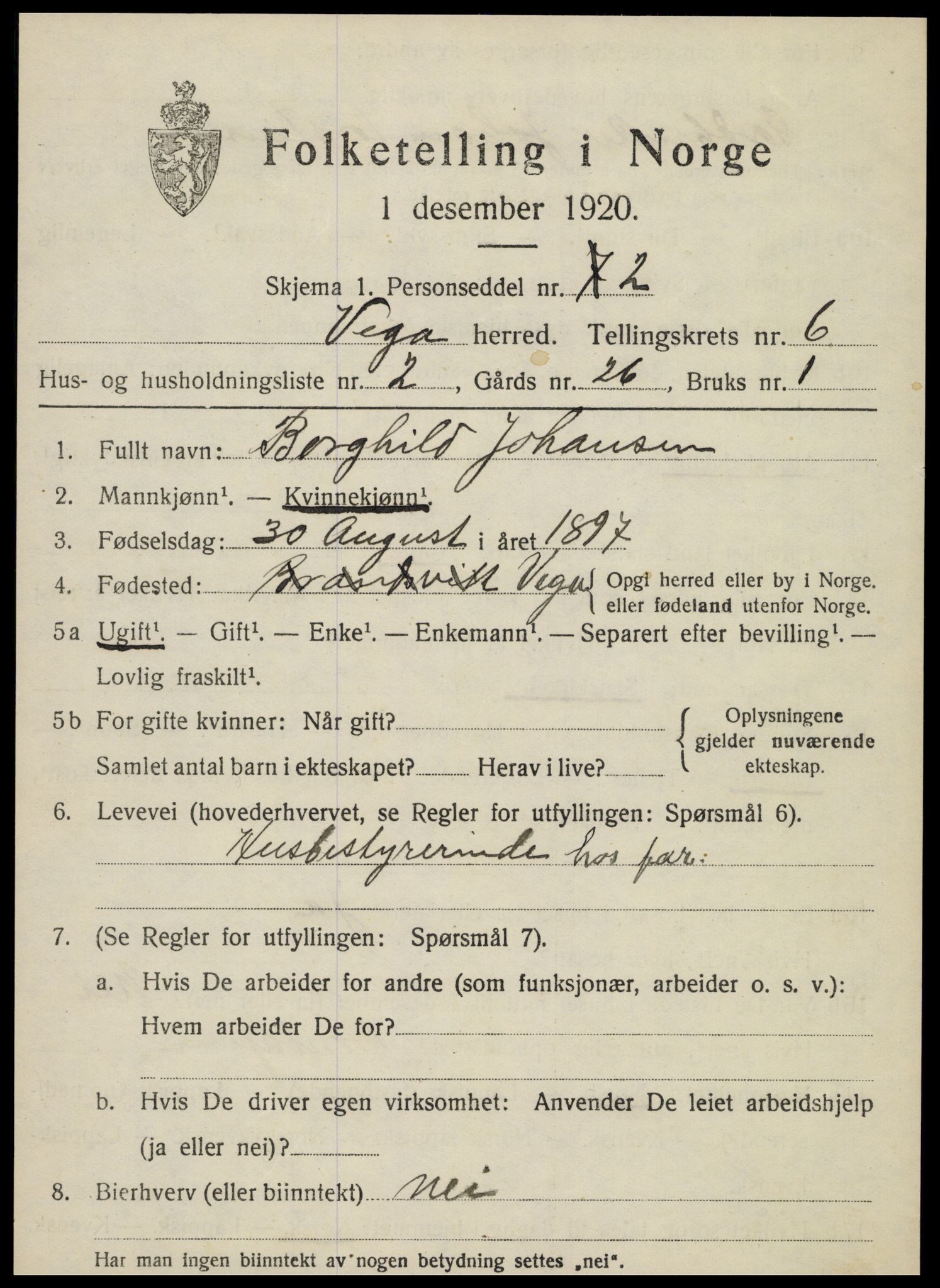 SAT, 1920 census for Vega, 1920, p. 2971