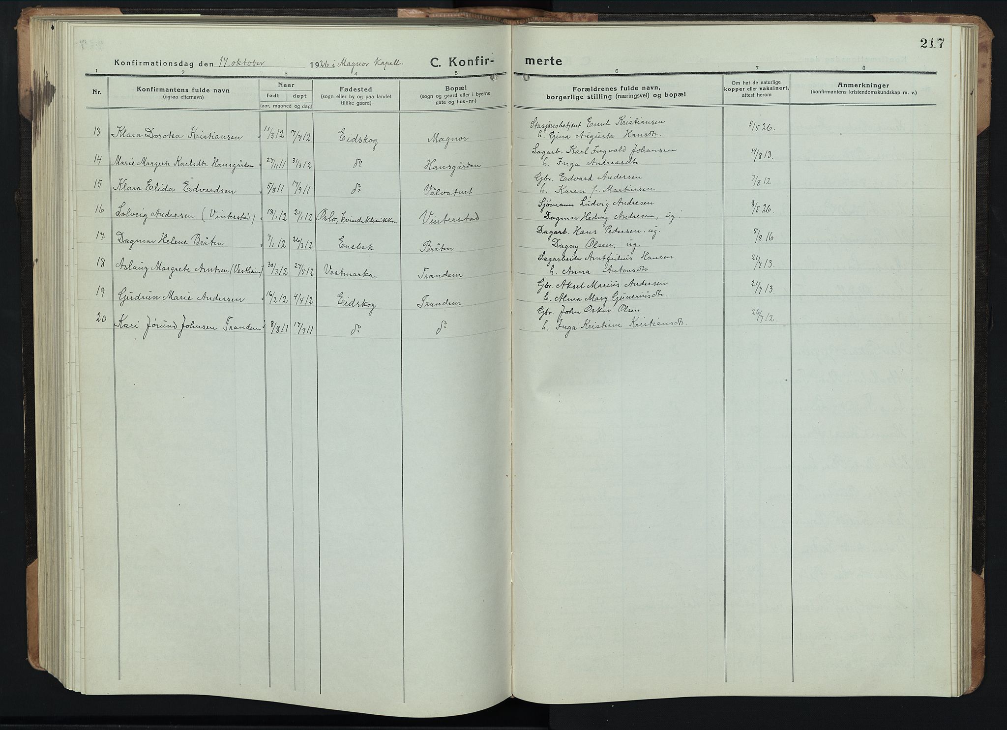 Eidskog prestekontor, SAH/PREST-026/H/Ha/Hab/L0005: Parish register (copy) no. 5, 1916-1946, p. 217