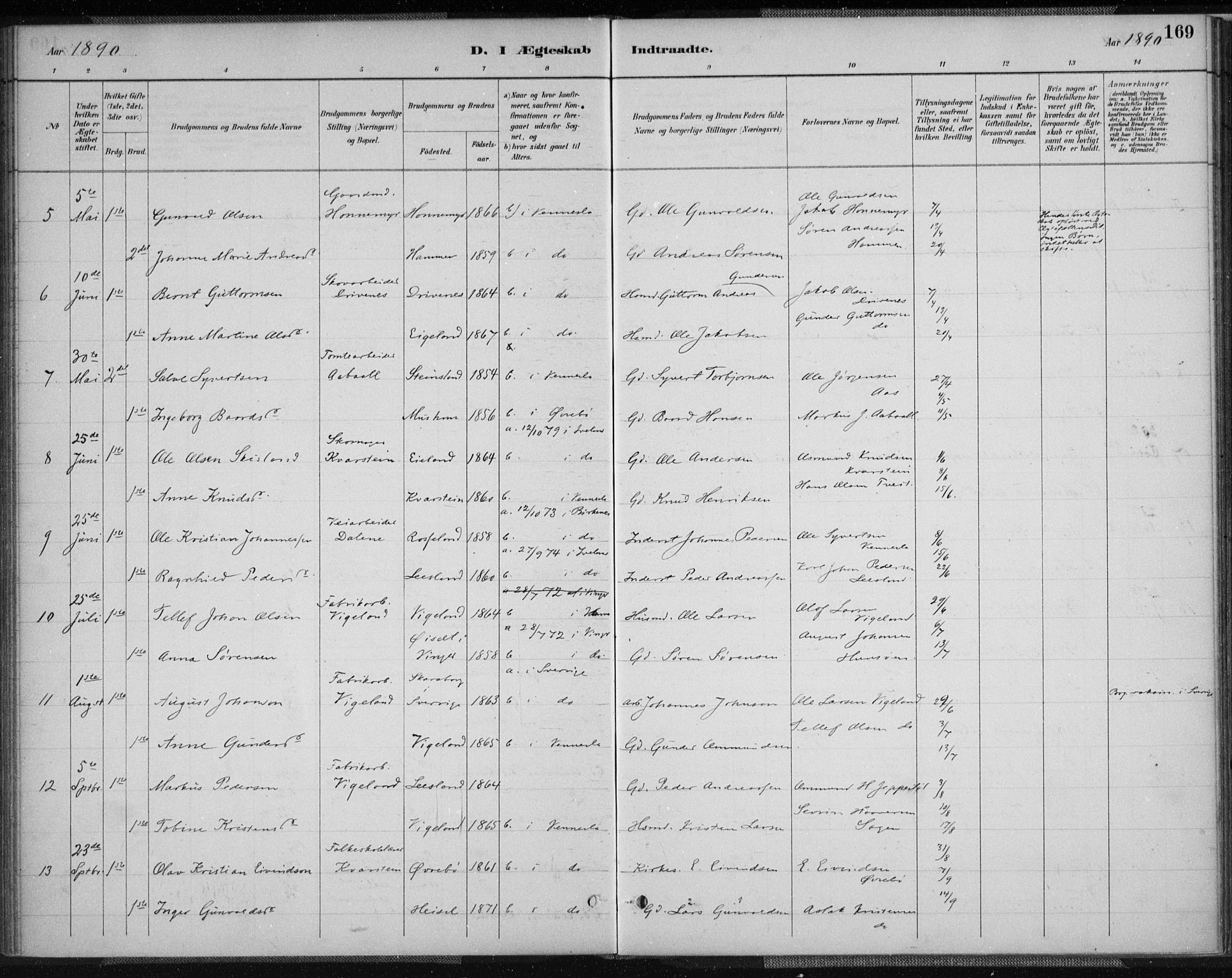 Vennesla sokneprestkontor, AV/SAK-1111-0045/Fa/Fab/L0004: Parish register (official) no. A 4, 1884-1896, p. 169