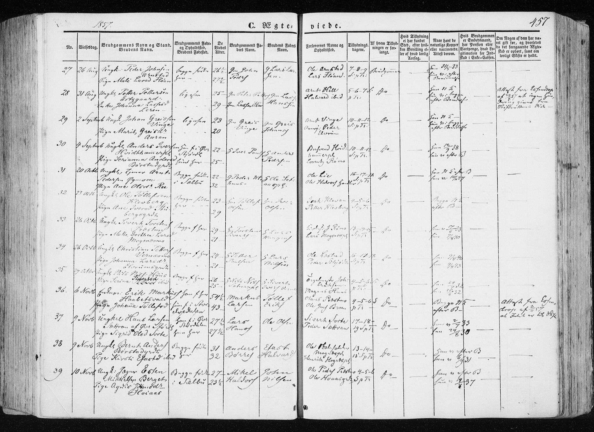 Ministerialprotokoller, klokkerbøker og fødselsregistre - Nord-Trøndelag, AV/SAT-A-1458/709/L0074: Parish register (official) no. 709A14, 1845-1858, p. 457