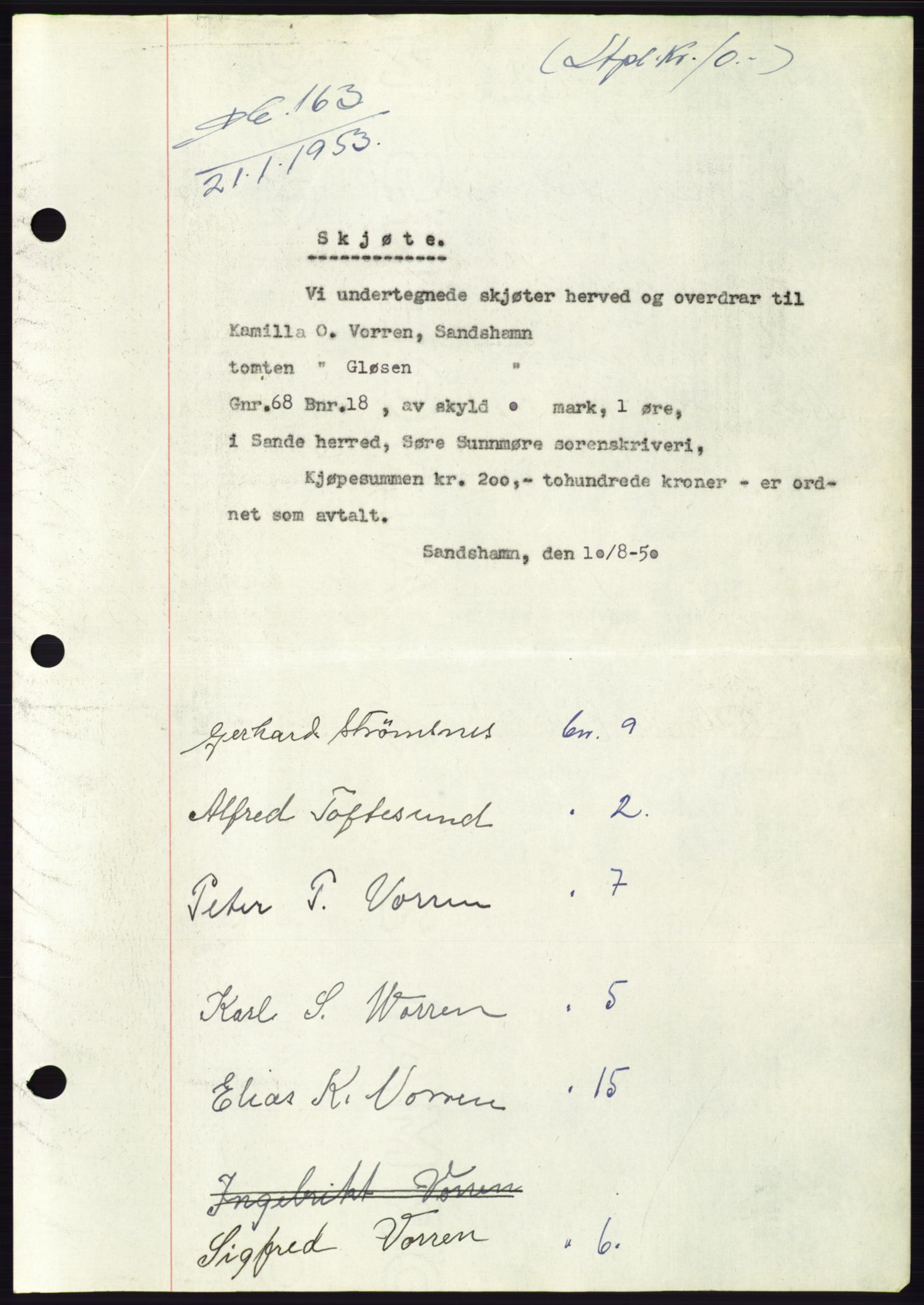 Søre Sunnmøre sorenskriveri, AV/SAT-A-4122/1/2/2C/L0094: Mortgage book no. 20A, 1953-1953, Diary no: : 163/1953