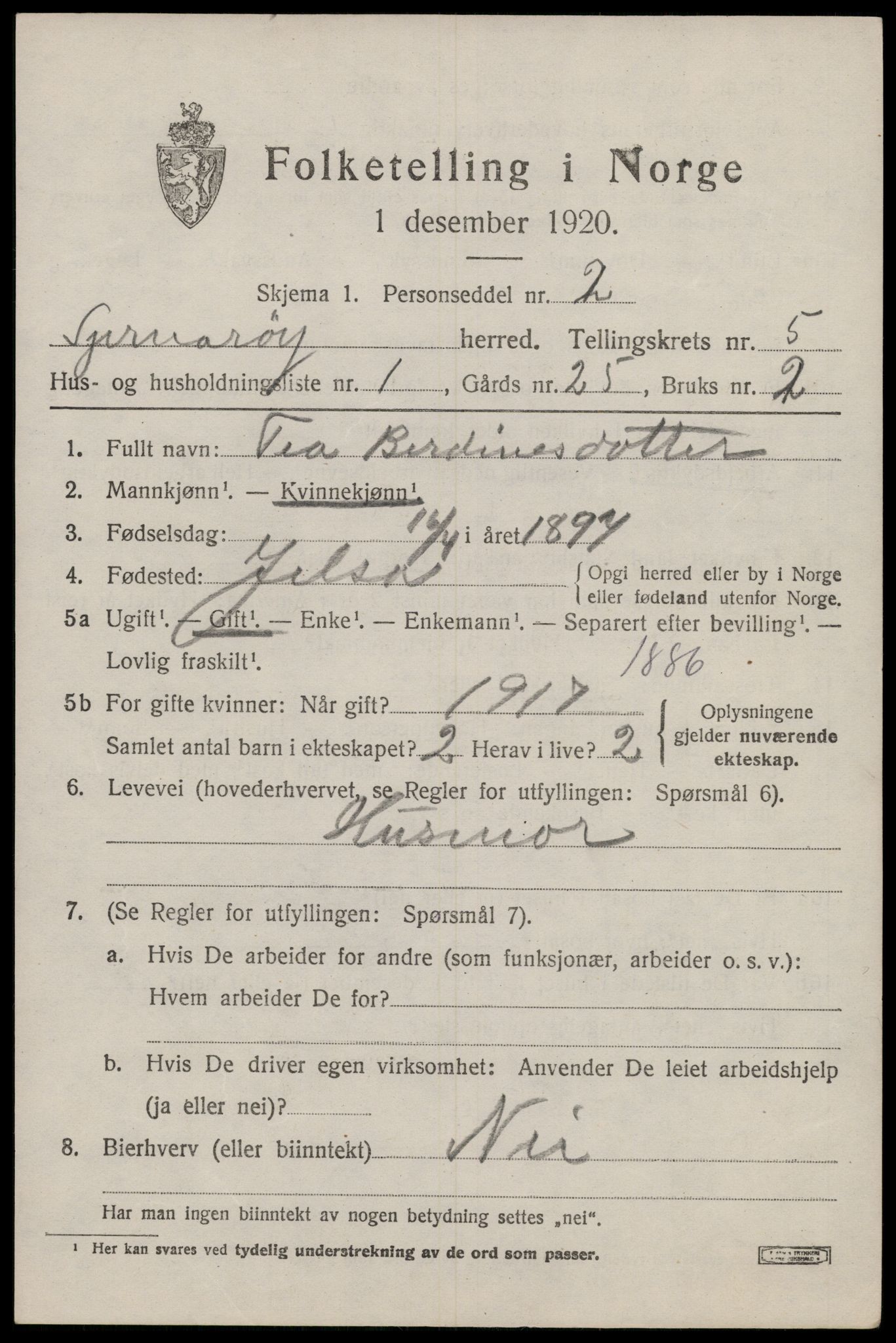 SAST, 1920 census for Sjernarøy, 1920, p. 1244