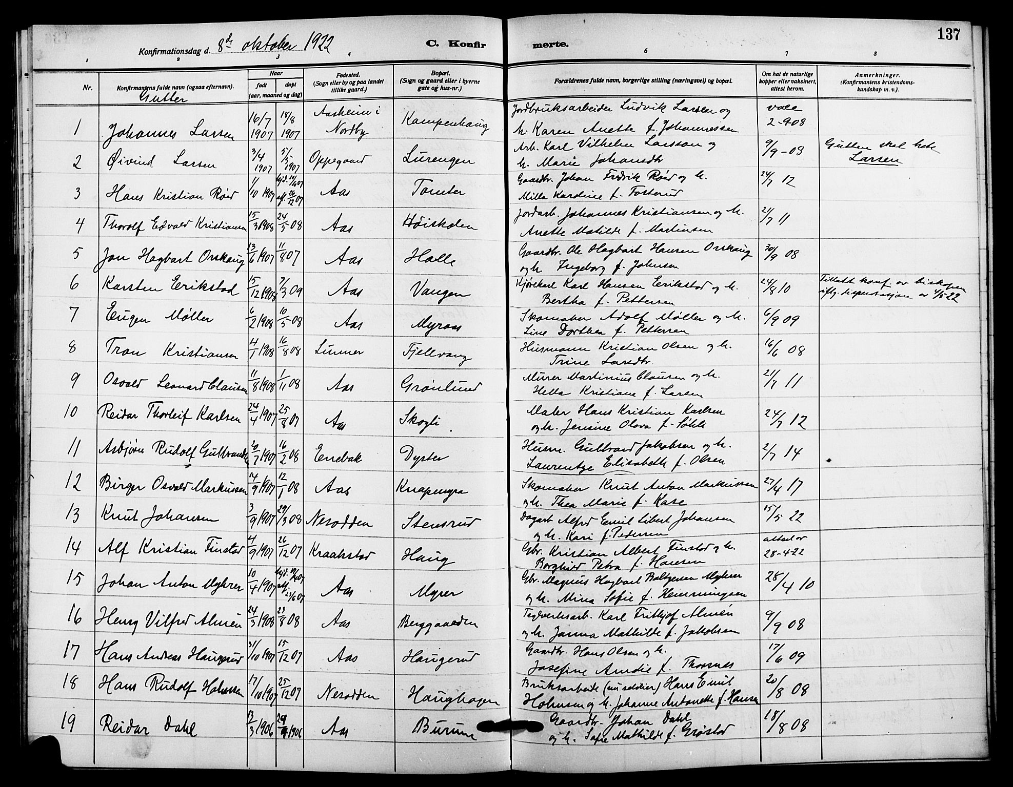 Ås prestekontor Kirkebøker, SAO/A-10894/G/Ga/L0005: Parish register (copy) no. I 5, 1916-1924, p. 137