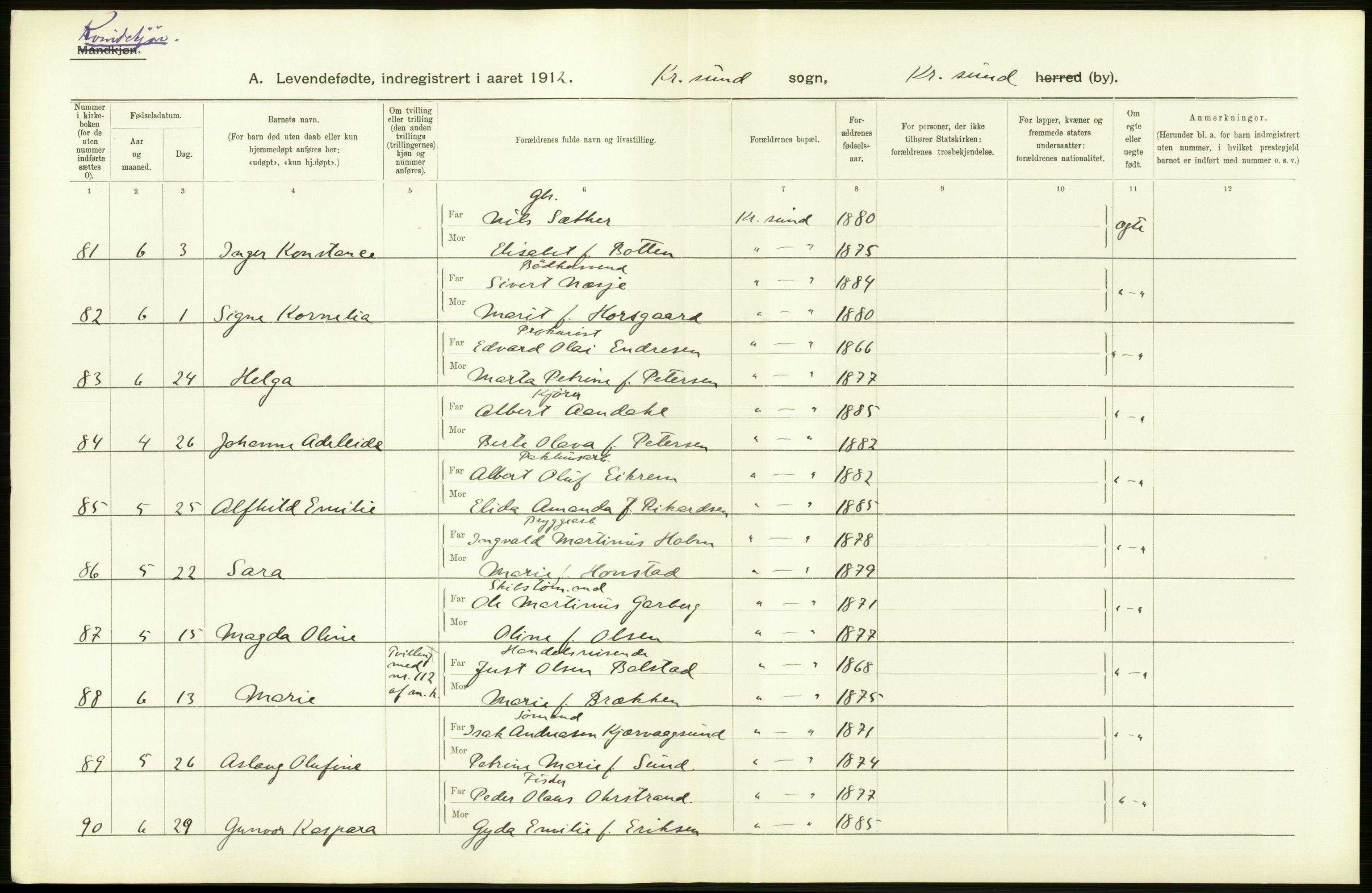 Statistisk sentralbyrå, Sosiodemografiske emner, Befolkning, AV/RA-S-2228/D/Df/Dfb/Dfbb/L0038: Romsdals amt: Levendefødte menn og kvinner. Bygder og byer samt gifte. Bygder og byer., 1912, p. 62