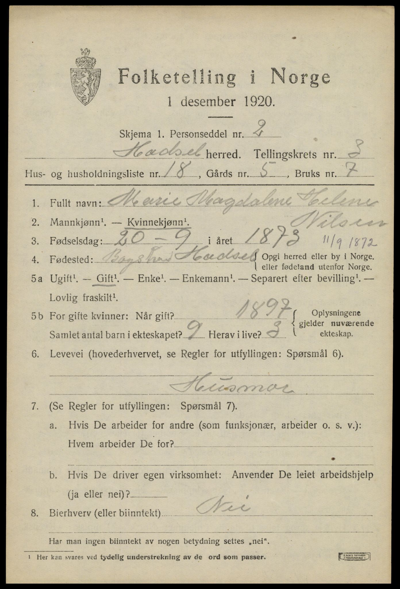 SAT, 1920 census for Hadsel, 1920, p. 5256