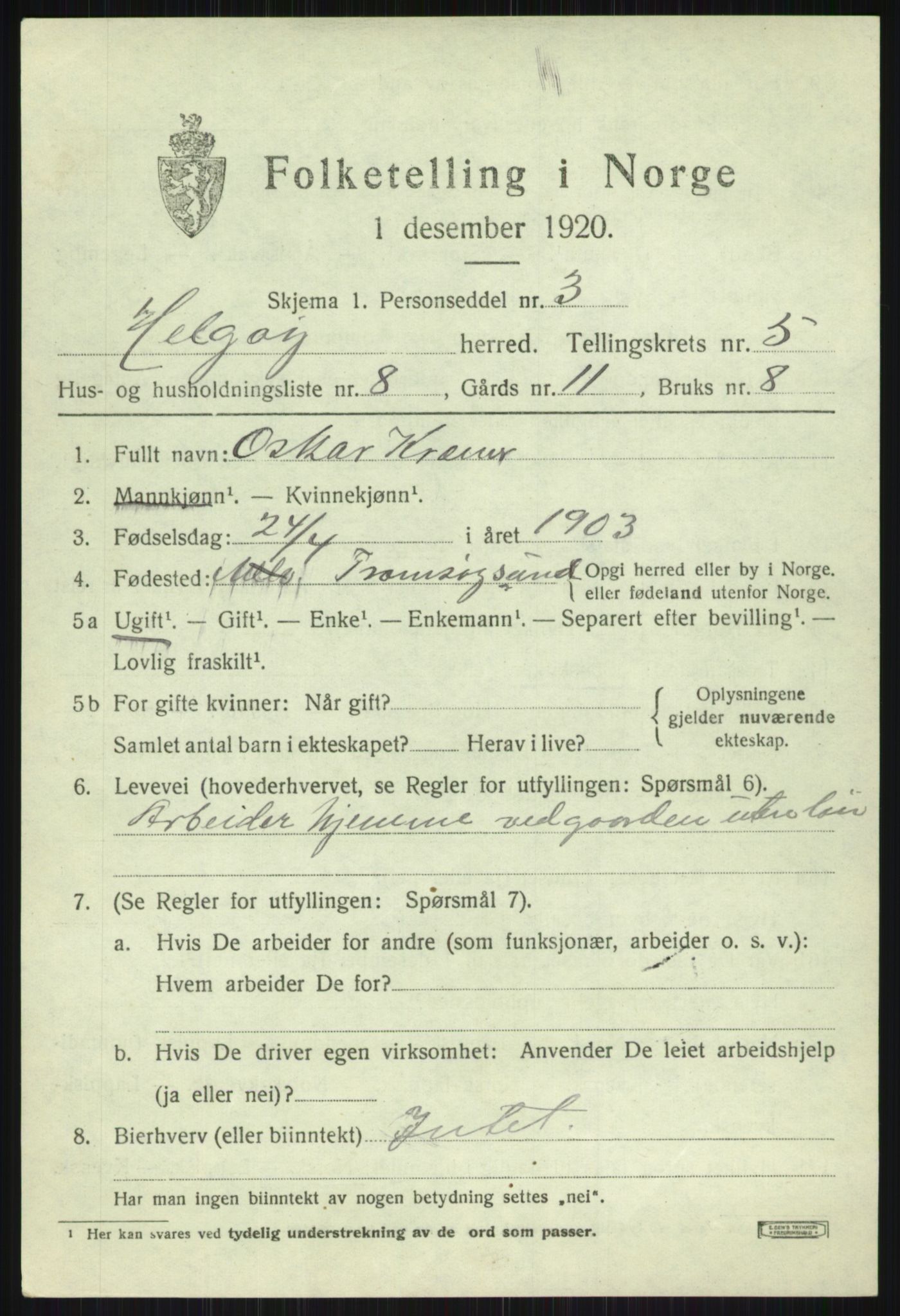 SATØ, 1920 census for Helgøy, 1920, p. 2037
