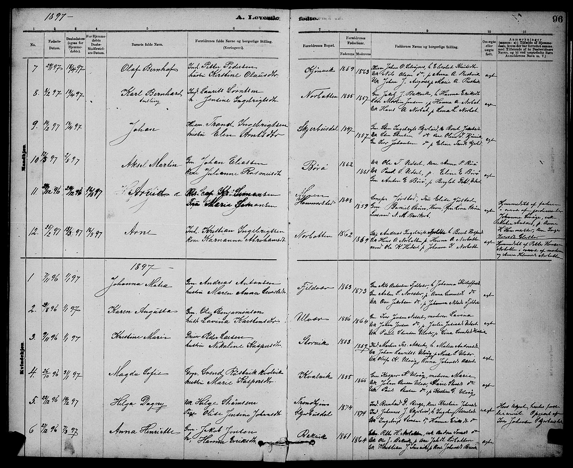 Ministerialprotokoller, klokkerbøker og fødselsregistre - Sør-Trøndelag, SAT/A-1456/637/L0562: Parish register (copy) no. 637C03, 1883-1898, p. 96