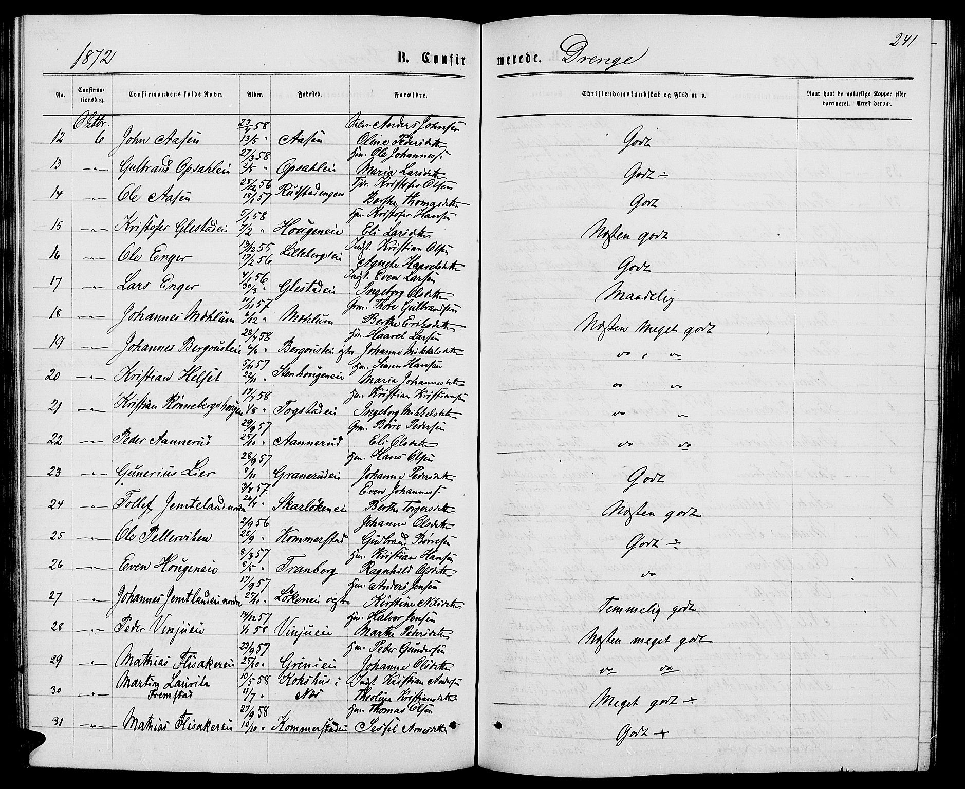 Ringsaker prestekontor, AV/SAH-PREST-014/L/La/L0008: Parish register (copy) no. 8, 1870-1878, p. 241