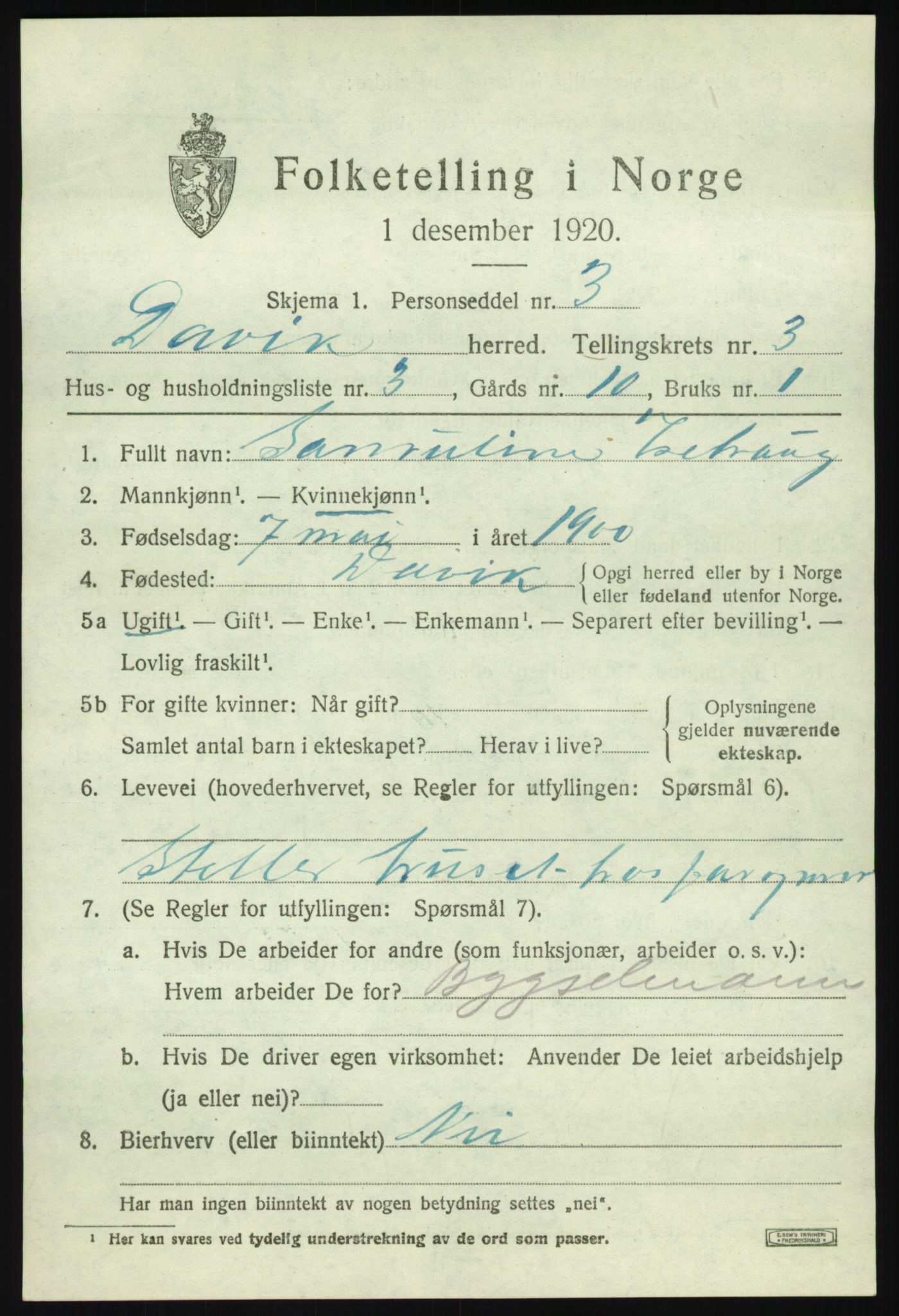 SAB, 1920 census for Davik, 1920, p. 1819