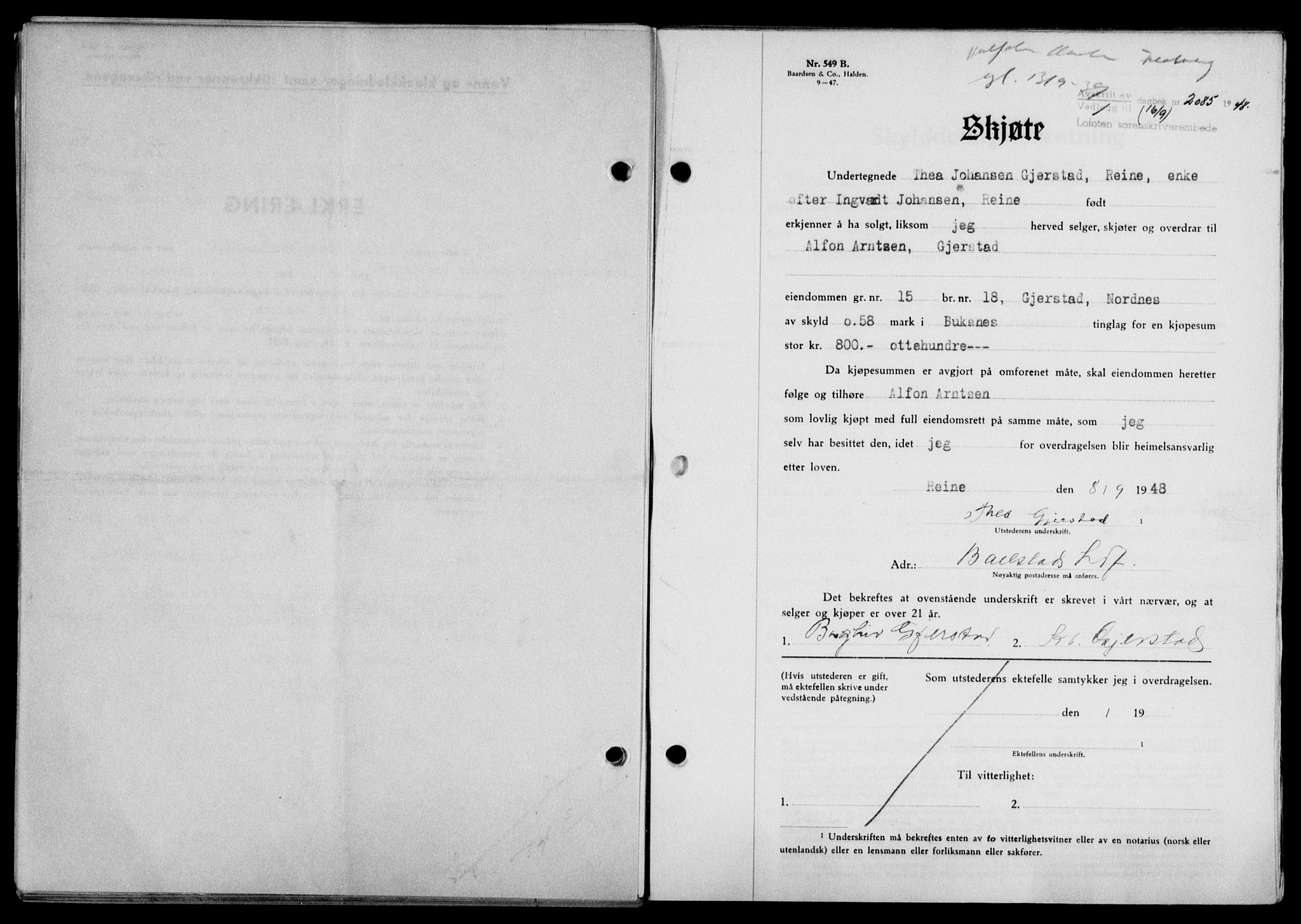Lofoten sorenskriveri, SAT/A-0017/1/2/2C/L0019a: Mortgage book no. 19a, 1948-1948, Diary no: : 2085/1948