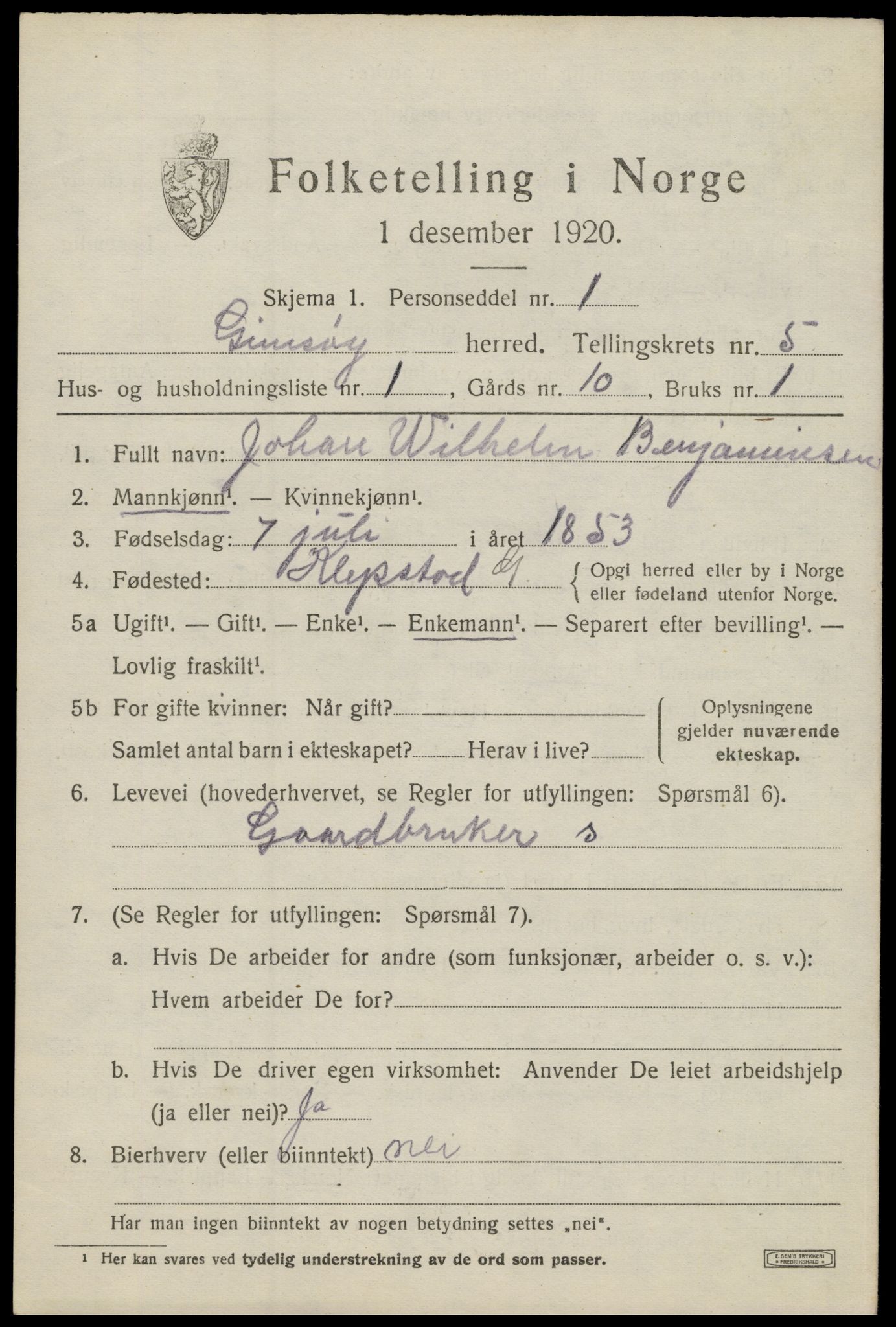 SAT, 1920 census for Gimsøy, 1920, p. 2523