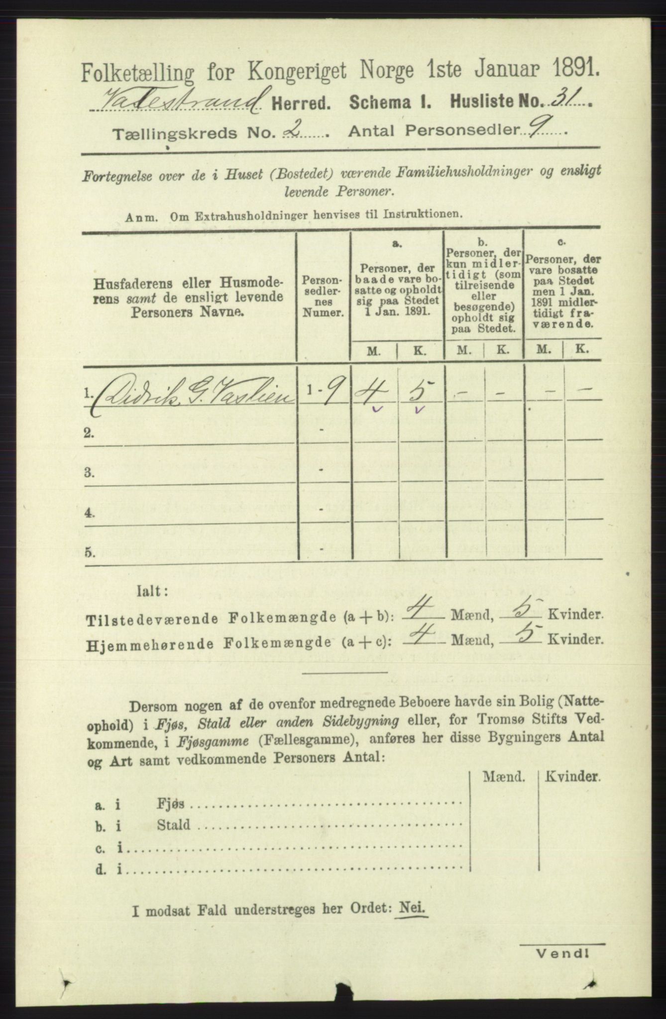 RA, 1891 census for 1217 Valestrand, 1891, p. 290