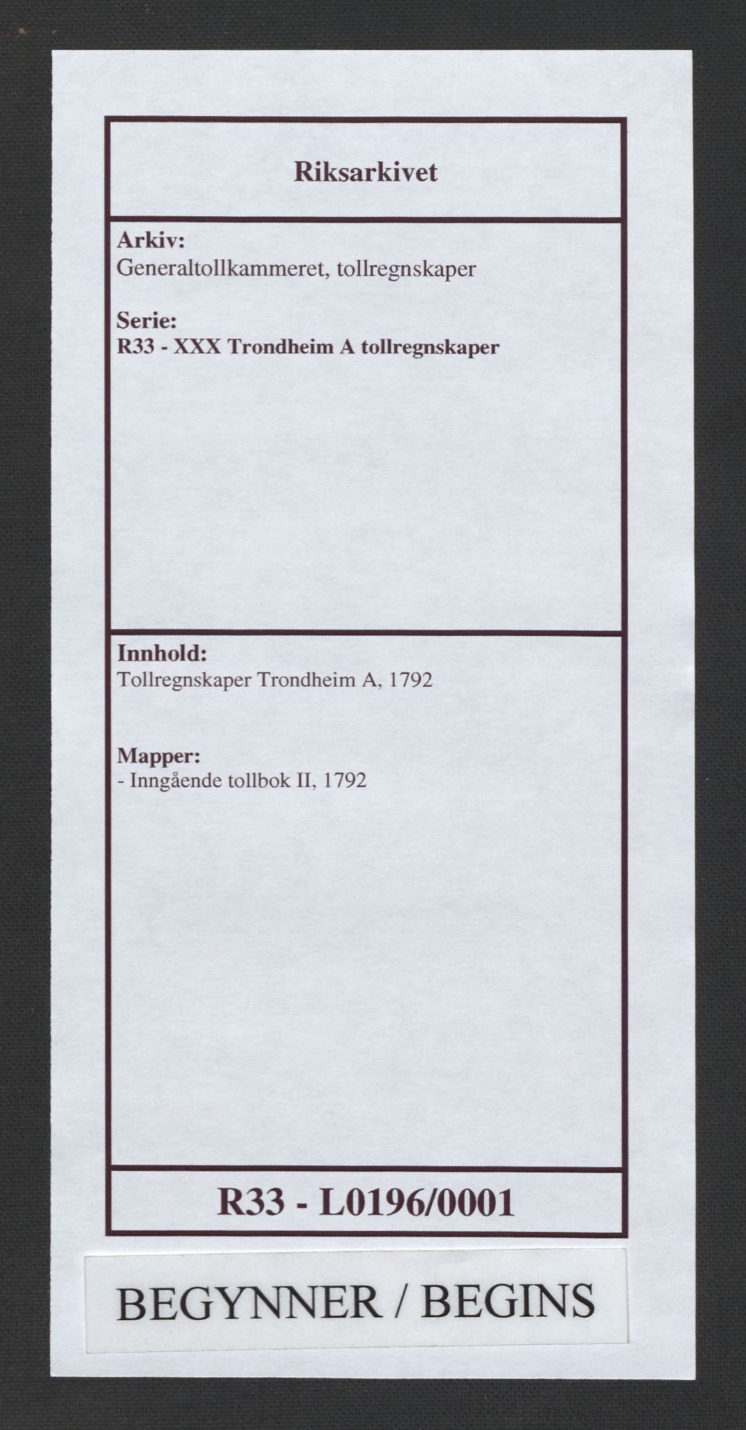 Generaltollkammeret, tollregnskaper, RA/EA-5490/R33/L0196/0001: Tollregnskaper Trondheim A / Inngående tollbok II, 1790-1792