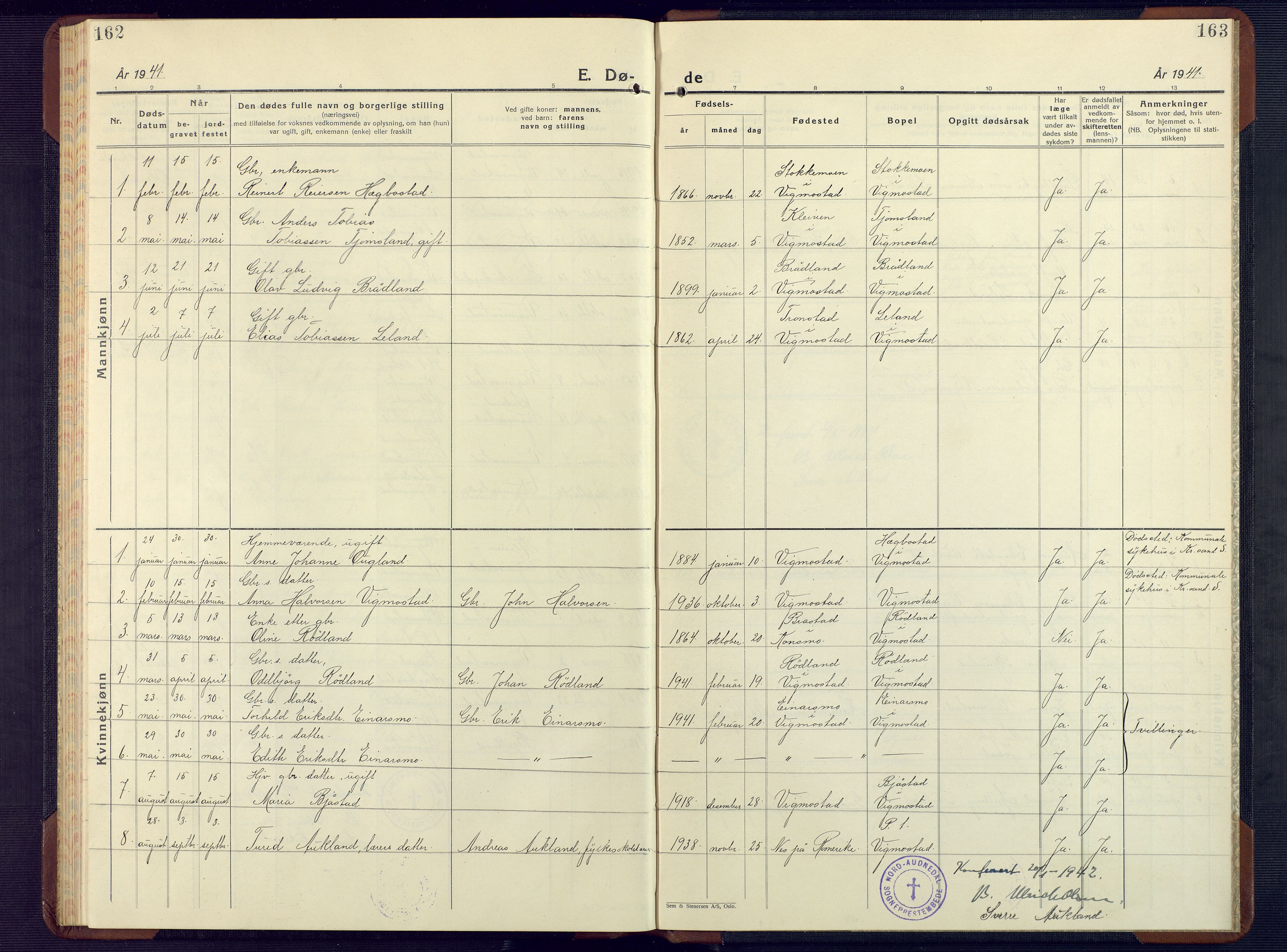 Nord-Audnedal sokneprestkontor, AV/SAK-1111-0032/F/Fb/Fbb/L0006: Parish register (copy) no. B 6, 1930-1948, p. 162-163