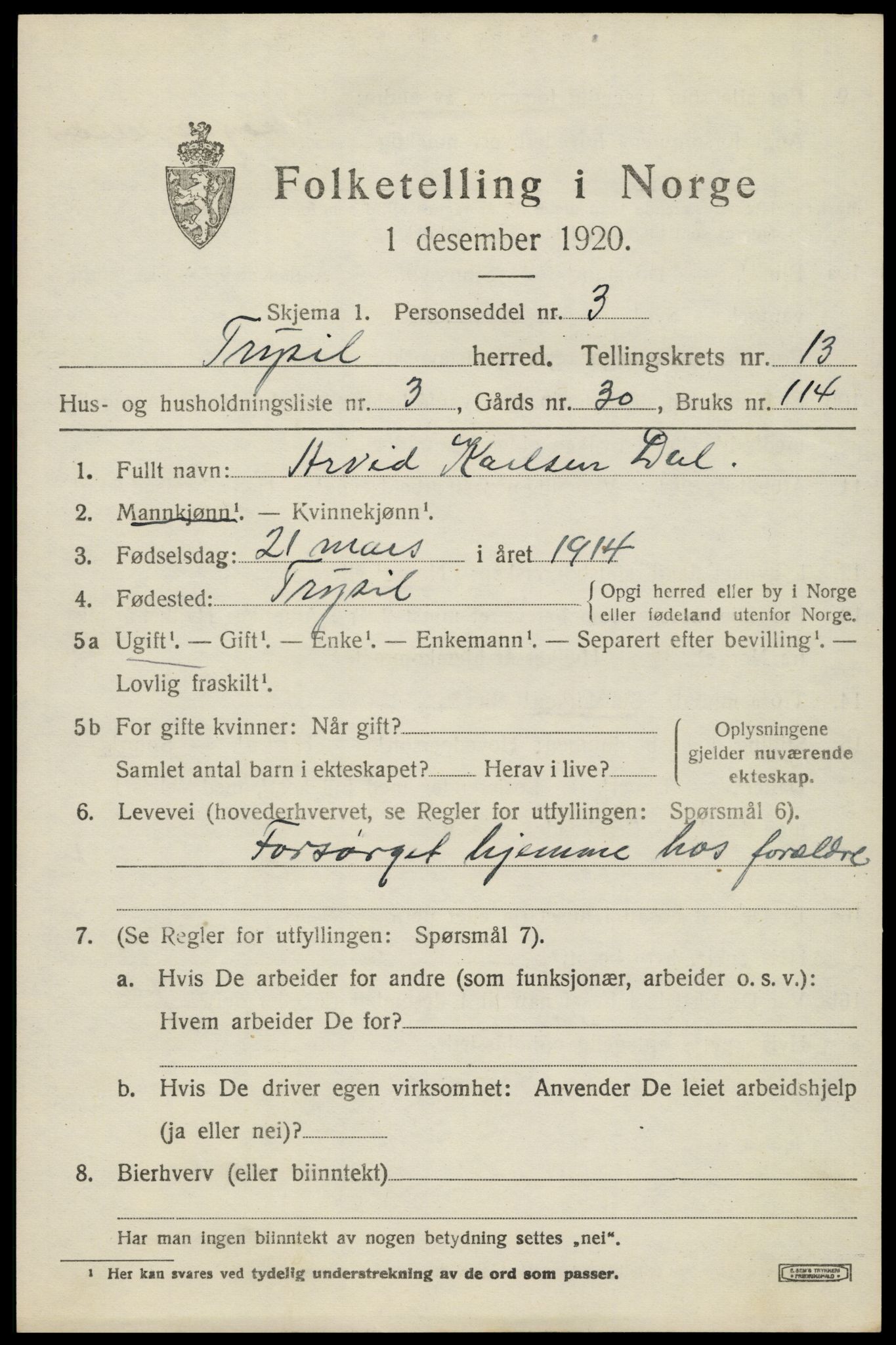 SAH, 1920 census for Trysil, 1920, p. 7649