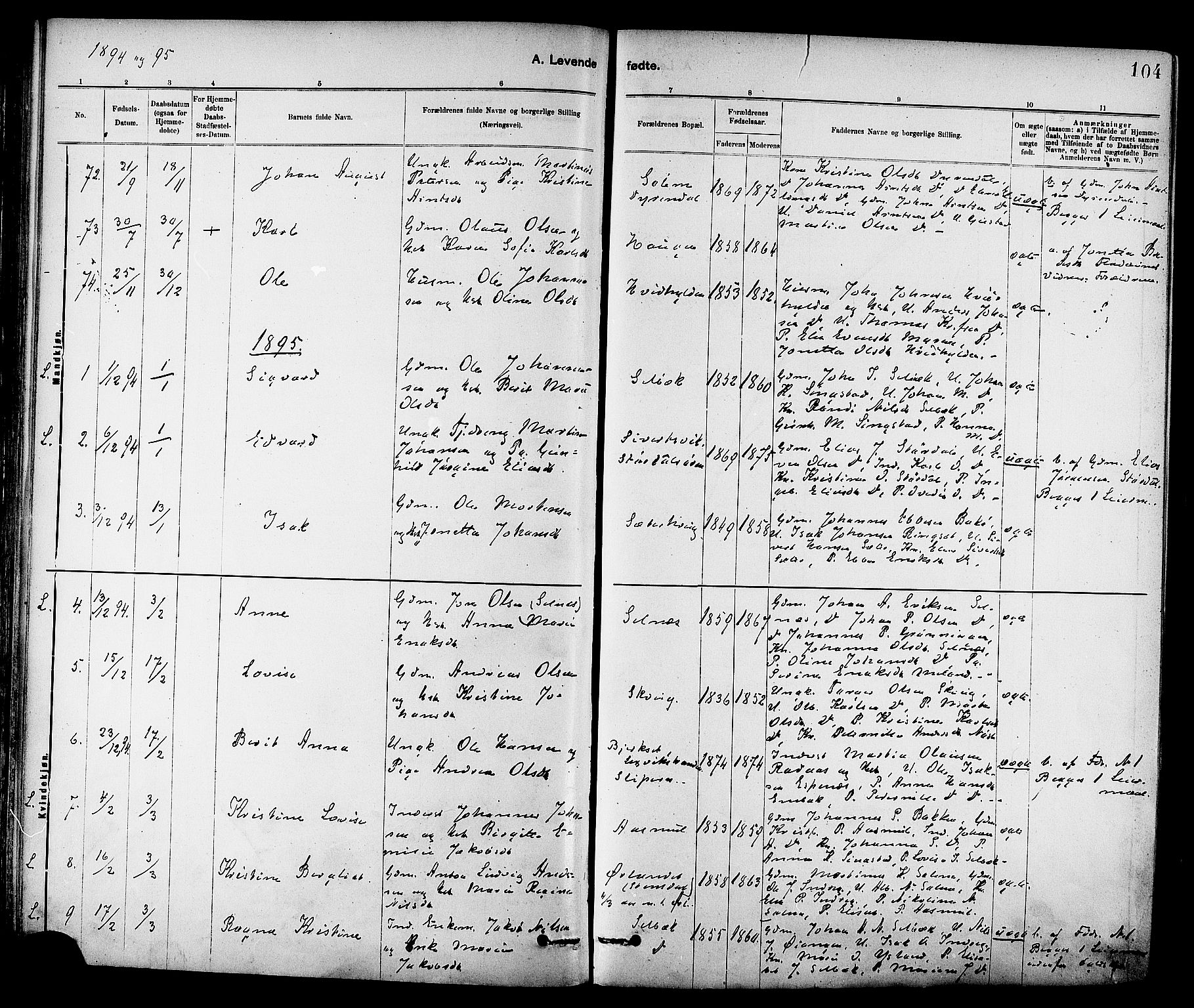 Ministerialprotokoller, klokkerbøker og fødselsregistre - Sør-Trøndelag, AV/SAT-A-1456/647/L0634: Parish register (official) no. 647A01, 1885-1896, p. 104