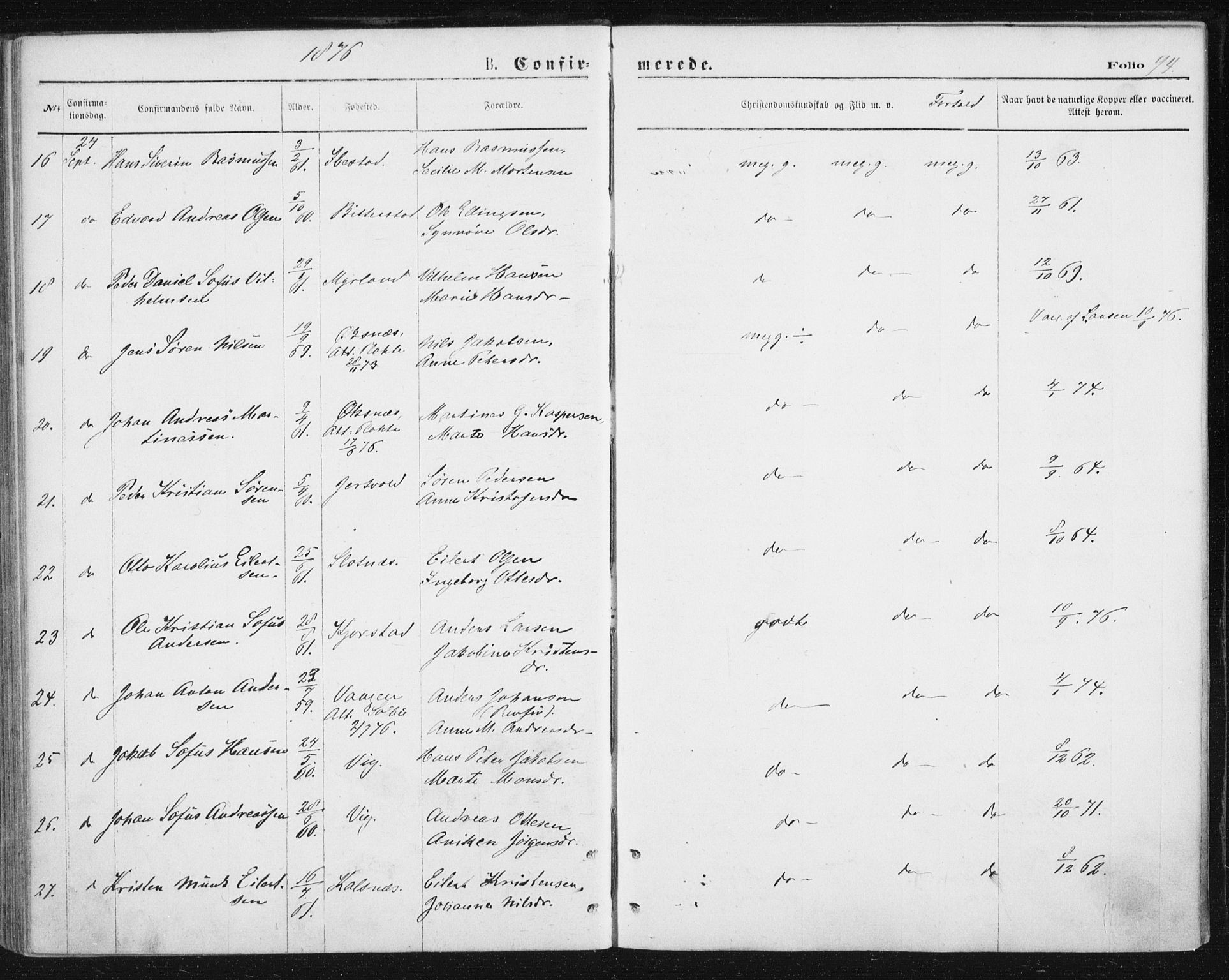 Ministerialprotokoller, klokkerbøker og fødselsregistre - Nordland, AV/SAT-A-1459/888/L1243: Parish register (official) no. 888A09, 1876-1879, p. 94