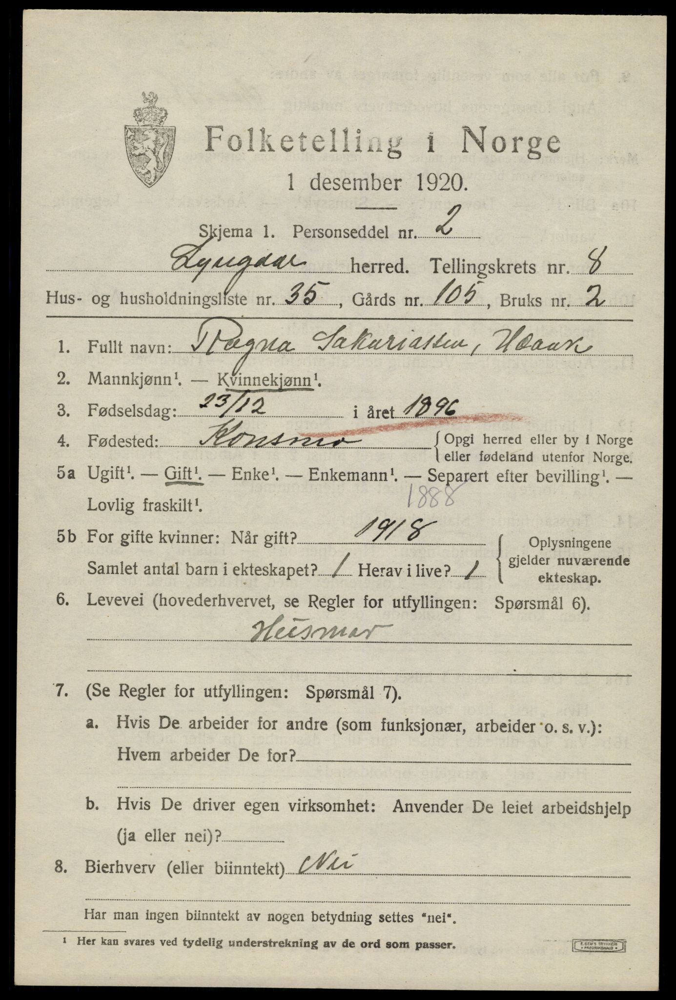 SAK, 1920 census for Lyngdal, 1920, p. 4399