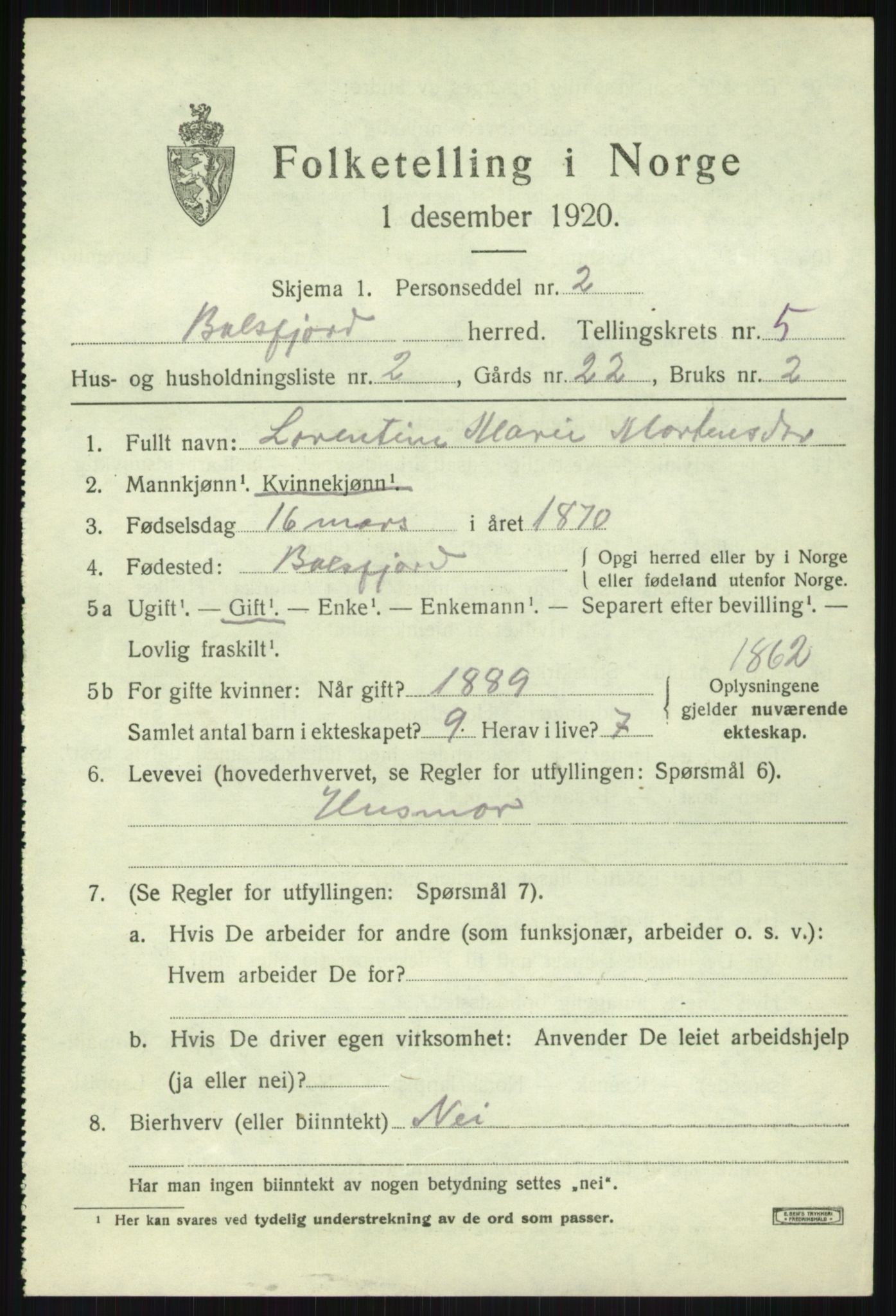 SATØ, 1920 census for Balsfjord, 1920, p. 3116