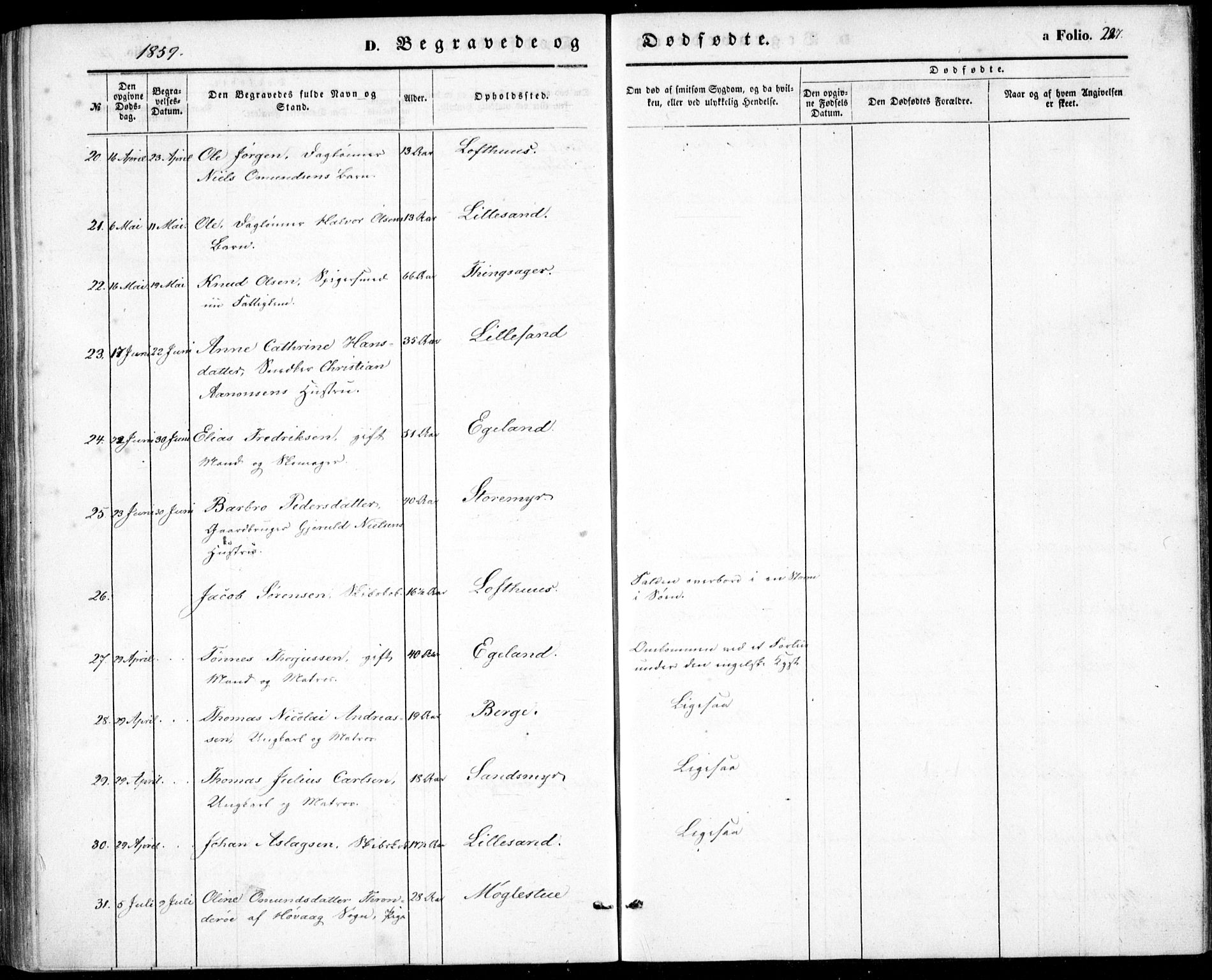 Vestre Moland sokneprestkontor, AV/SAK-1111-0046/F/Fb/Fbb/L0003: Parish register (copy) no. B 3, 1851-1861, p. 227