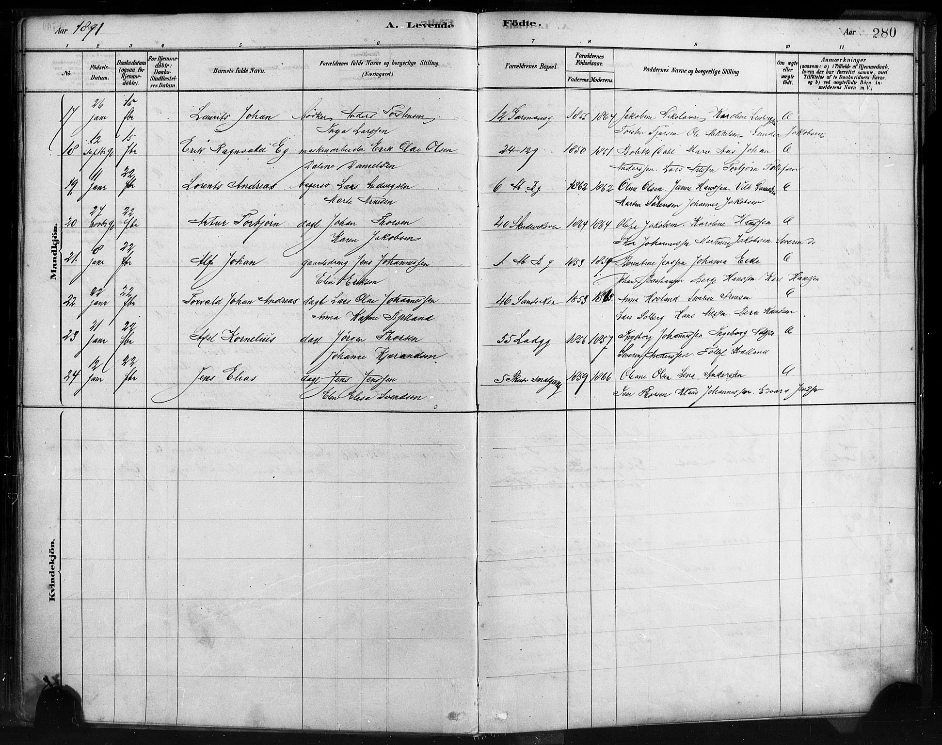 Sandviken Sokneprestembete, AV/SAB-A-77601/H/Ha/L0004: Parish register (official) no. B 1, 1878-1891, p. 280