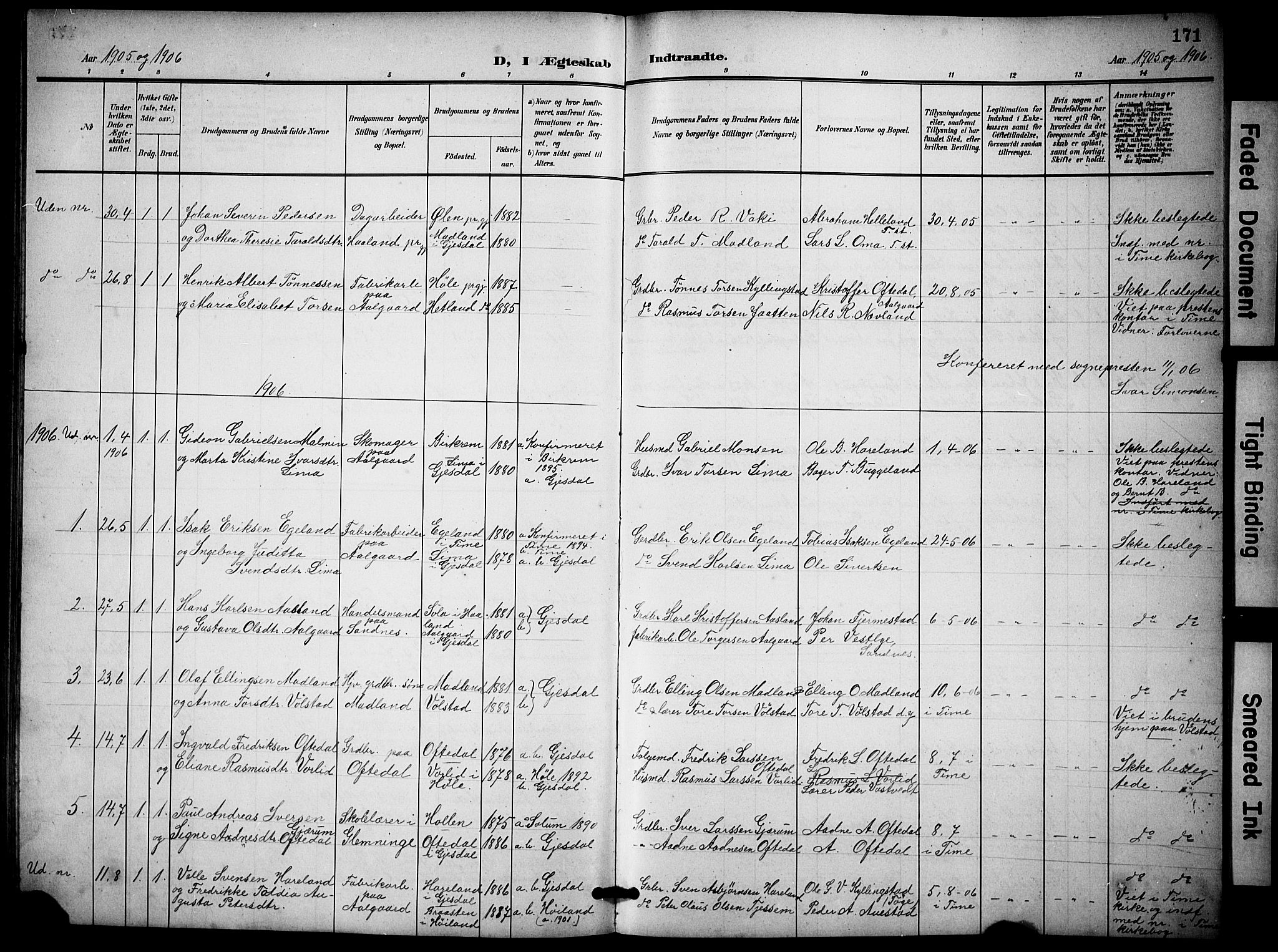 Lye sokneprestkontor, SAST/A-101794/001/30BB/L0009: Parish register (copy) no. B 9, 1902-1923, p. 171