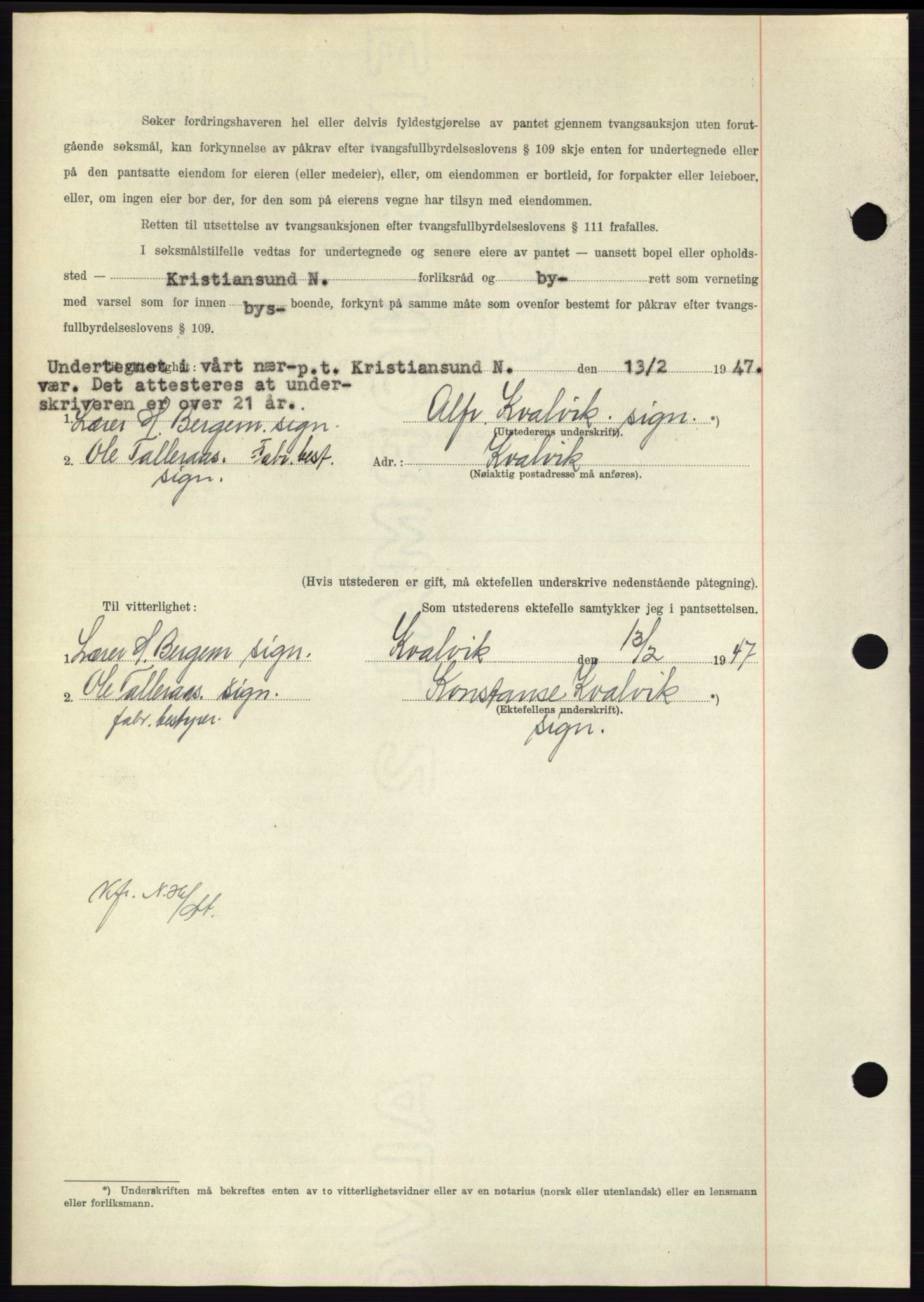 Nordmøre sorenskriveri, AV/SAT-A-4132/1/2/2Ca: Mortgage book no. B95, 1946-1947, Diary no: : 396/1947