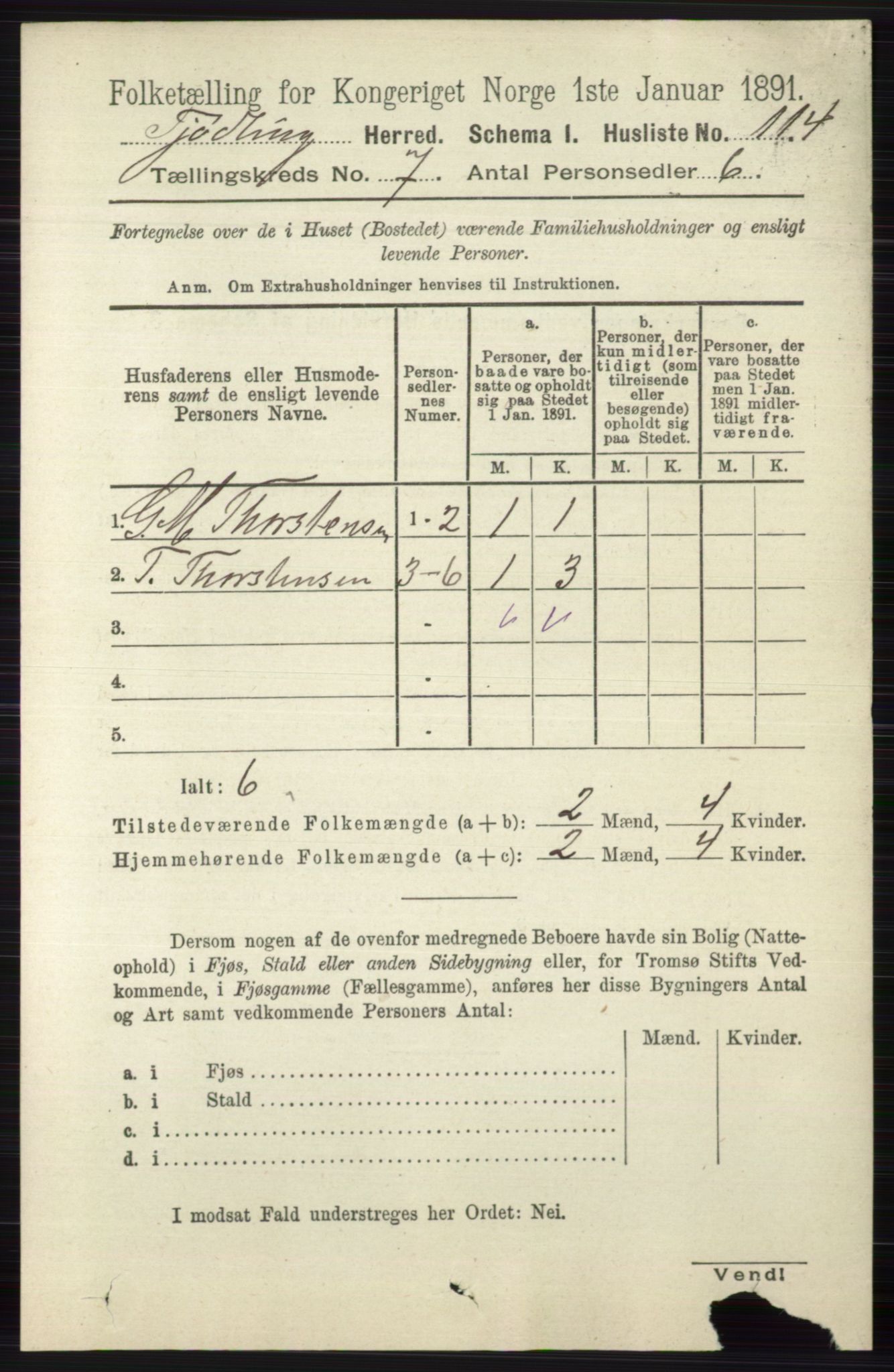 RA, 1891 census for 0725 Tjølling, 1891, p. 3661