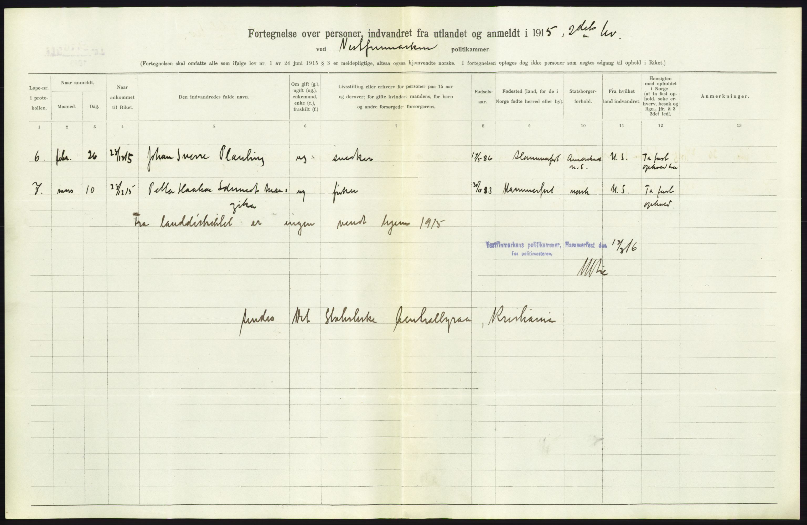 Statistisk sentralbyrå, Sosioøkonomiske emner, Folketellinger, boliger og boforhold, AV/RA-S-2231/F/Fa/L0001: Innvandring. Navn/fylkesvis, 1915, p. 209