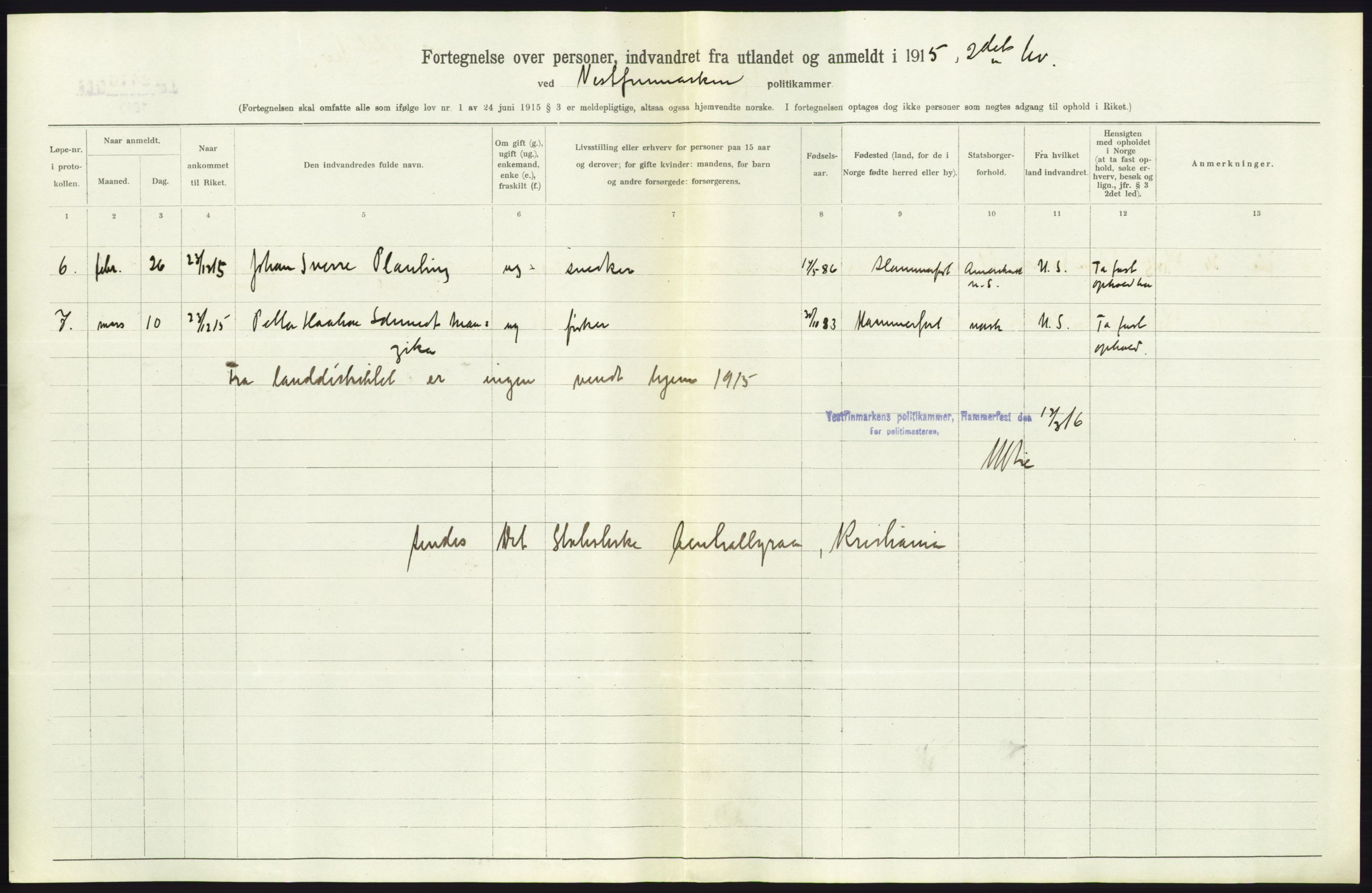 Statistisk sentralbyrå, Sosioøkonomiske emner, Folketellinger, boliger og boforhold, RA/S-2231/F/Fa/L0001: Innvandring. Navn/fylkesvis, 1915, p. 209