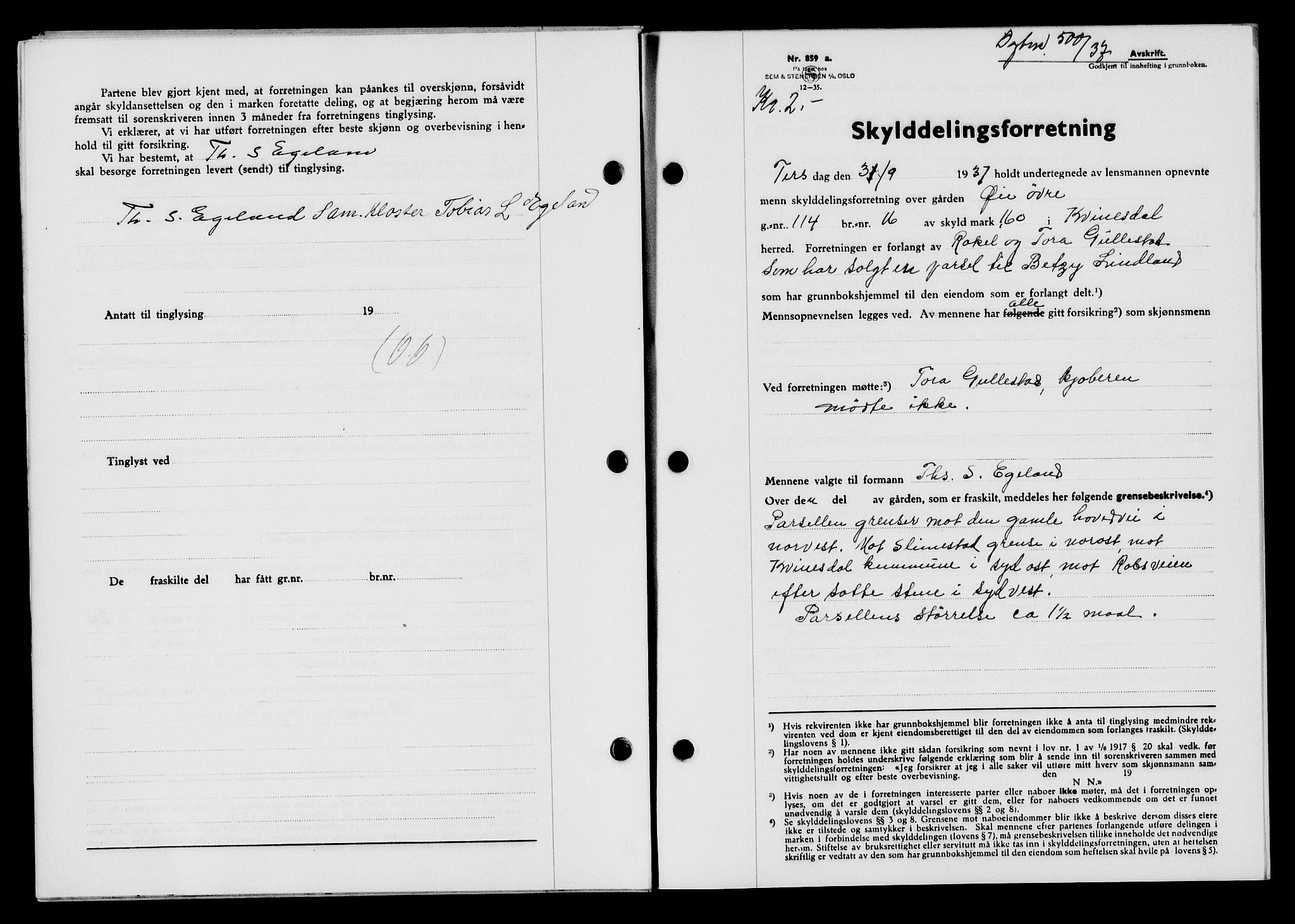 Flekkefjord sorenskriveri, SAK/1221-0001/G/Gb/Gba/L0053: Mortgage book no. A-1, 1936-1937, Diary no: : 500/1937