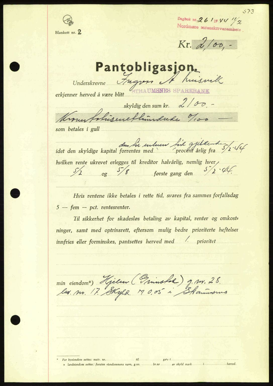 Nordmøre sorenskriveri, AV/SAT-A-4132/1/2/2Ca: Mortgage book no. B91, 1943-1944, Diary no: : 261/1944