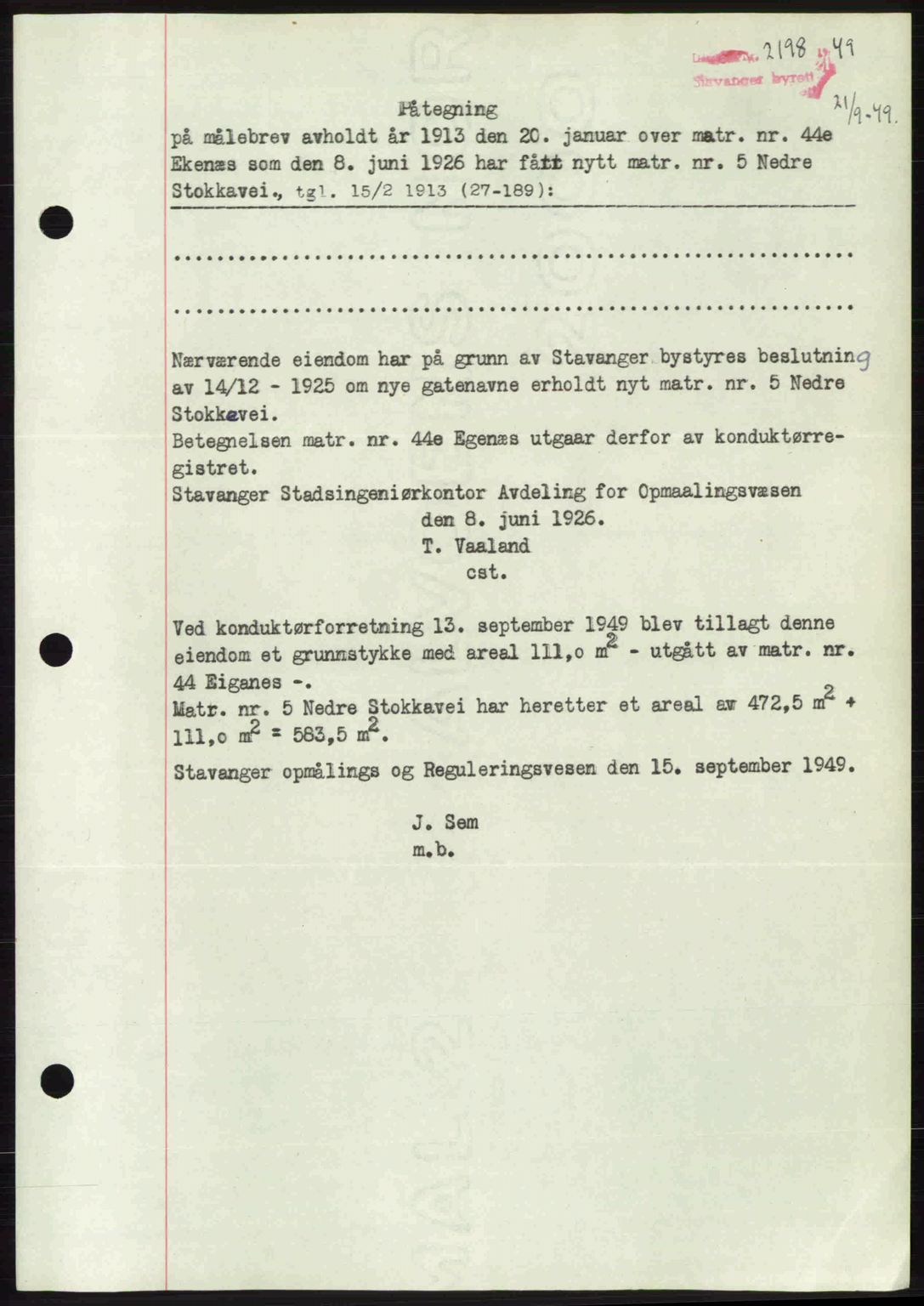 Stavanger byrett, SAST/A-100455/002/G/Gb/L0023: Mortgage book no. A12, 1948-1949, Diary no: : 2198/1949