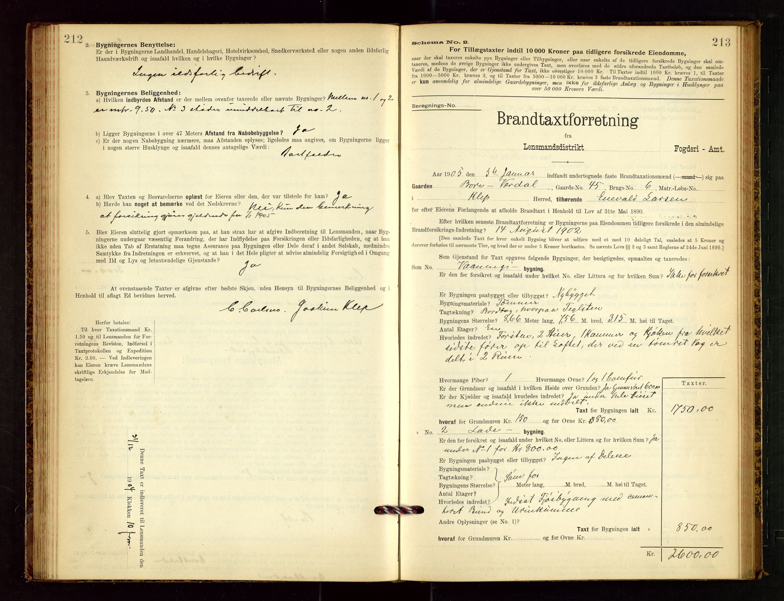 Klepp lensmannskontor, SAST/A-100163/Goc/L0003: "Brandtaxationsprotokol" m/register, 1902-1907, p. 212-213