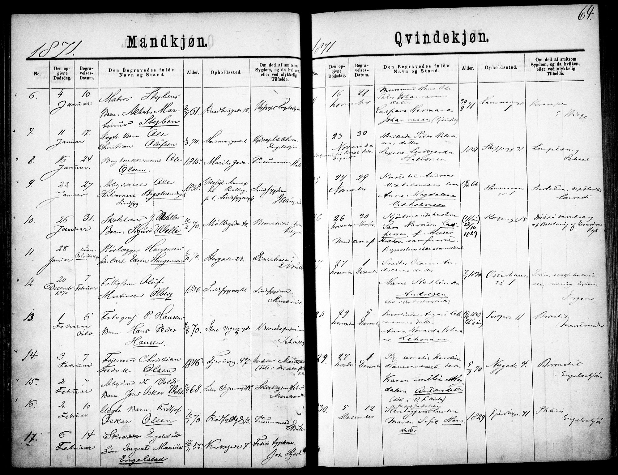 Oslo domkirke Kirkebøker, SAO/A-10752/F/Fa/L0026: Parish register (official) no. 26, 1867-1884, p. 64
