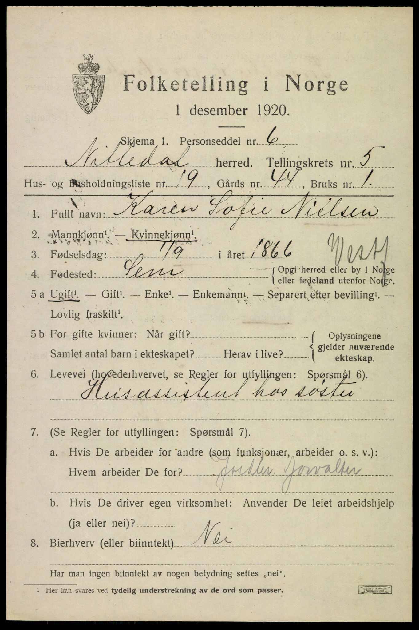 SAO, 1920 census for Nittedal, 1920, p. 6698