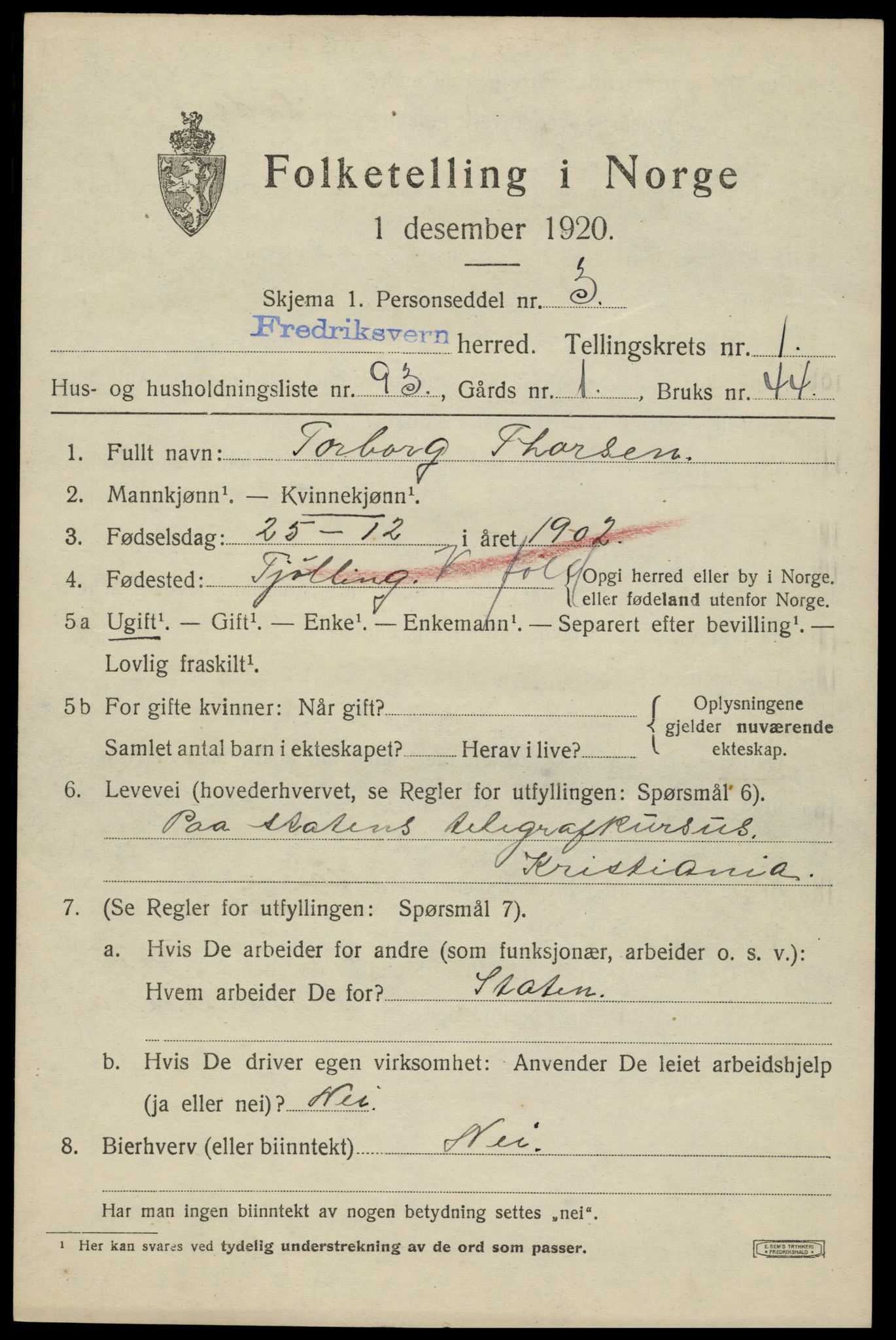 SAKO, 1920 census for Fredriksvern, 1920, p. 975