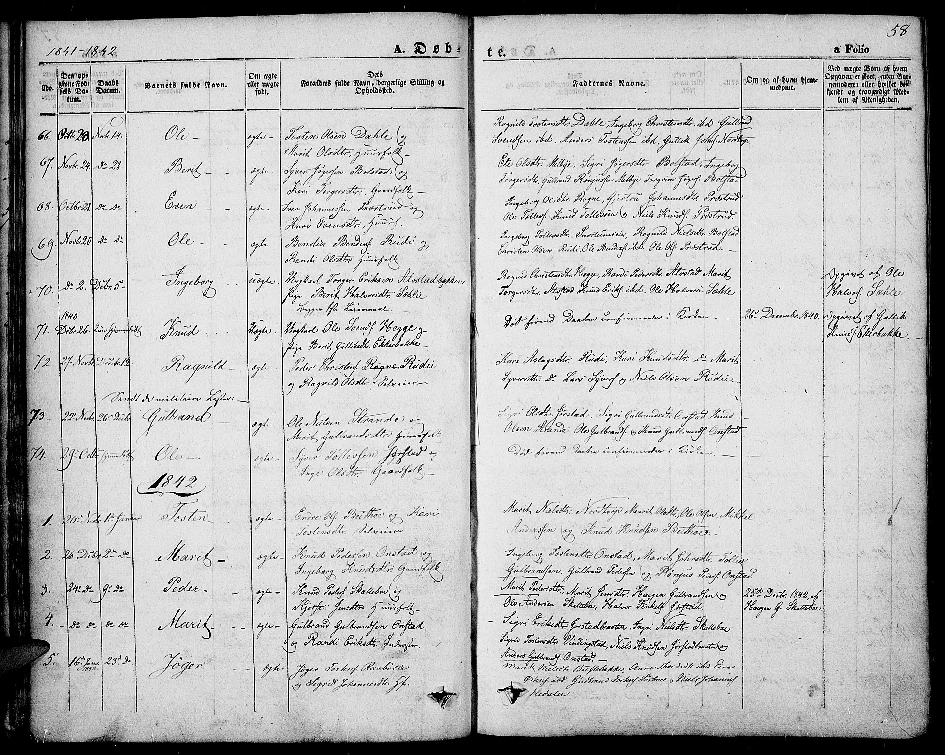 Slidre prestekontor, SAH/PREST-134/H/Ha/Haa/L0004: Parish register (official) no. 4, 1831-1848, p. 58