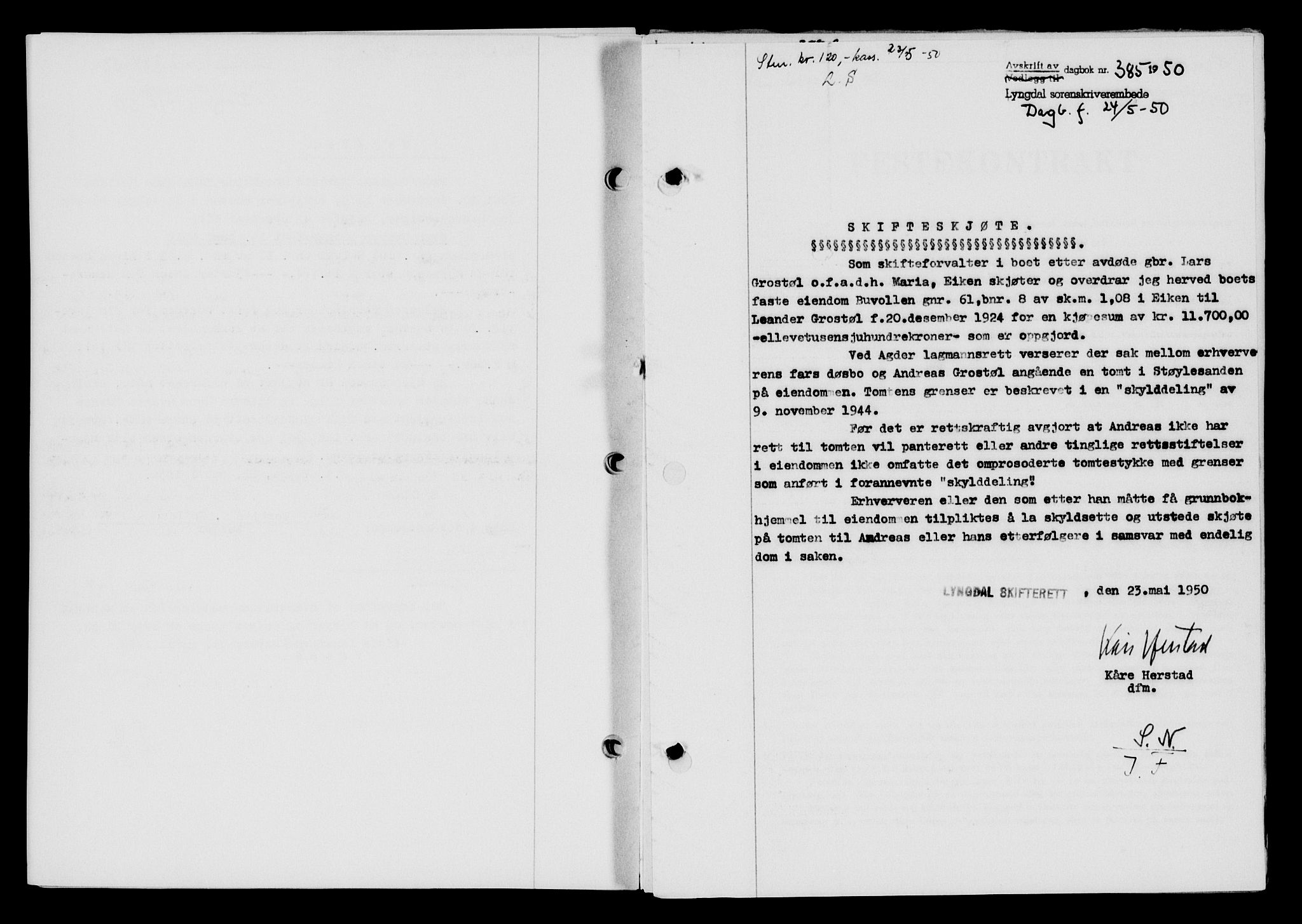 Lyngdal sorenskriveri, AV/SAK-1221-0004/G/Gb/L0665: Mortgage book no. A XI, 1950-1950, Diary no: : 385/1950