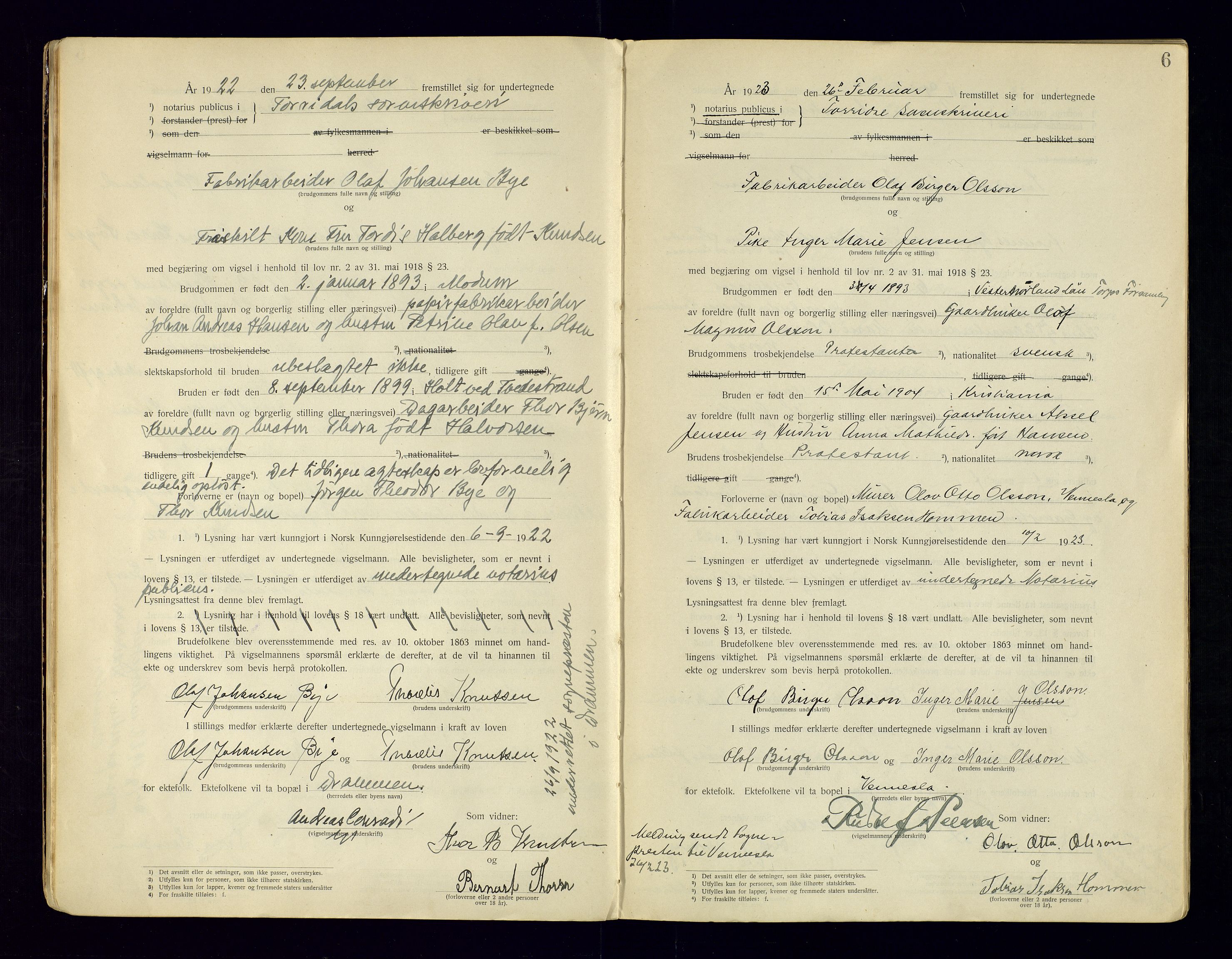 Torridal sorenskriveri, AV/SAK-1221-0012/L/Ld/L0003: Vigselbok nr. 1, 1920-1943, p. 6