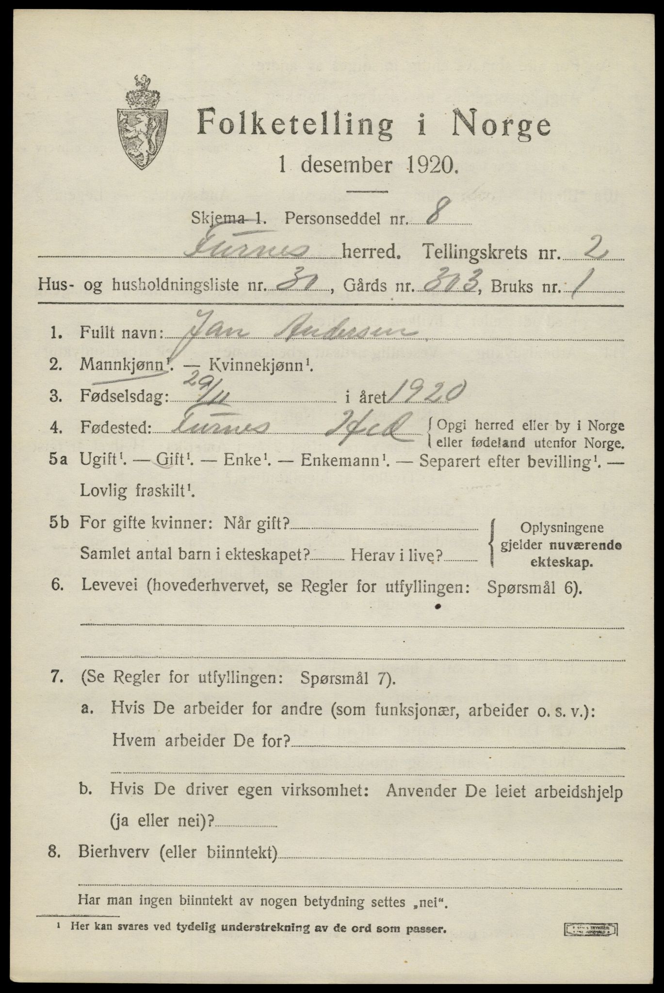 SAH, 1920 census for Furnes, 1920, p. 3415