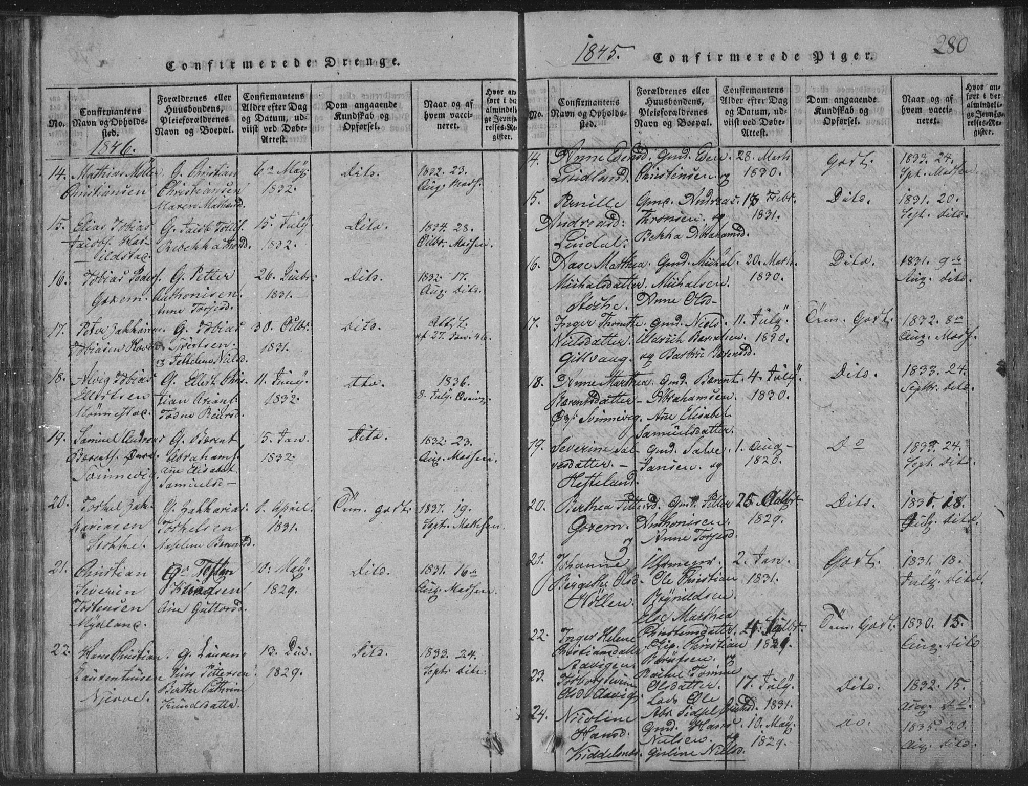 Sør-Audnedal sokneprestkontor, SAK/1111-0039/F/Fb/Fba/L0001: Parish register (copy) no. B 1, 1815-1850, p. 280